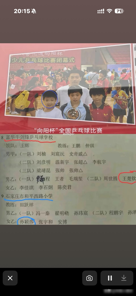 九岁的孙颖莎和王楚钦就在同一张球台上打过比赛，河北那场少儿赛，梁靖崑也在。
网友扒出当年的秩序册，三个名字排在同一页。那时候大头还没长开，大胖倒是先胖了，莎莎站球台边还没网高。
后来一个进了国家队女队，两个进了男队。莎头组合从国青配到成年组，场上同步率跟照镜子似的，连擦汗都一个节奏。梁靖崑负责在