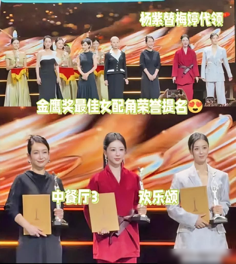 杨紫在金鹰奖台上领的不是自己的奖，是梅婷的最佳女配提名，结果旁边站的蒋欣、秦海璐、迟蓬，全是跟她有交情的。
蒋欣跟她是《欢乐颂》老搭档，邱莹莹樊胜美那点事过去快十年了，台上俩人还互相扶着走。迟蓬在《承欢记》里跟她同过剧，秦海璐刚在台下聊得热乎。
杨紫自己凭《生命树》提名了最佳女主，蒋欣靠《小巷人