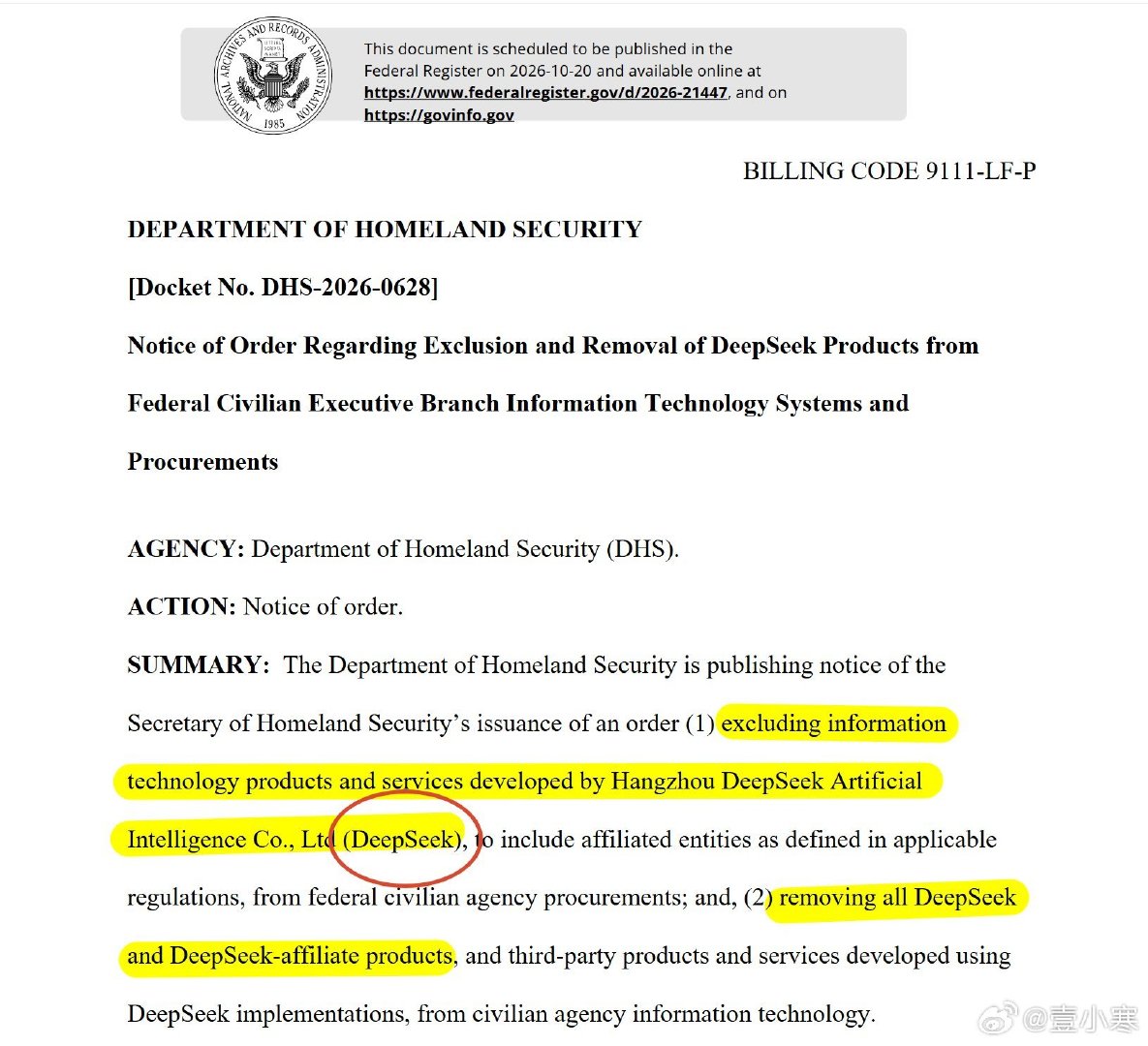 DeepSeek被美国制裁了[惊恐]

美国国土安全部把DeepSeek相关产品排除在联邦文职采购之外，并移除现存的DeepSeek相关产品！DeepSeek还是有实力的，要不不强怎么会被制裁 ​