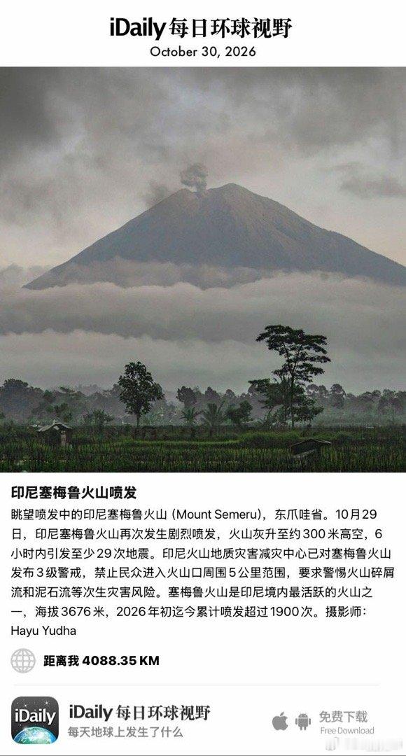 October 30, 2026 - 眺望喷发中的印尼塞梅鲁火山（Mount Semeru），东爪哇省。10月29日，印尼塞梅鲁火山再次发生剧烈喷发，火山灰升至约300米高空，6小时内引发至少29次地震。印尼火山地质灾害减灾中心已对塞梅鲁火山发布3级警戒，禁止民众进入火山口周围 ​