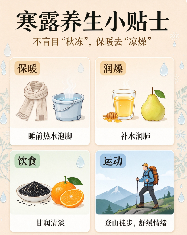 #北京朝阳马上办# 【由凉爽向寒冷转折！中医提醒：寒露不宜再“秋冻”[话筒]】10月8日进入寒露节气。寒露是二十四节气中第一个带“寒”字的节气，此时节昼夜温差进一步加大。北京中医医院医生韩强提醒，寒露是凉爽向寒冷的转折，公众不宜再盲目“秋冻”，要特别注意保暖，尤其注意脚部保暖，睡前可用热 ​