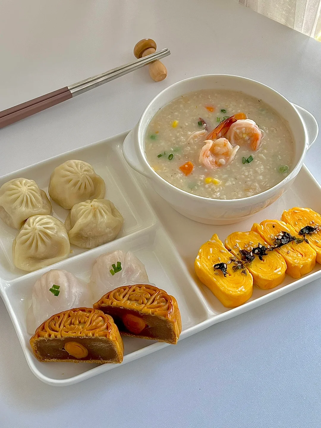 中式早餐🥢｜虾仁燕麦粥｜厚蛋烧｜灌汤包虾饺