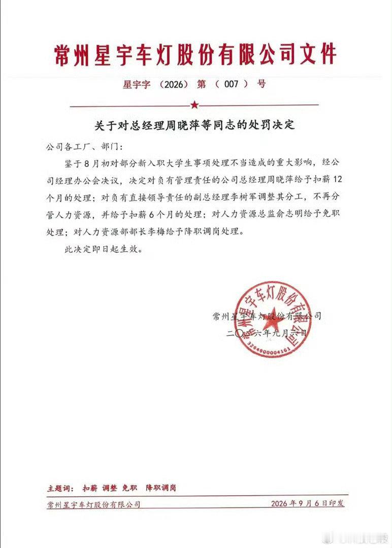 #星宇车灯处罚公告#

几年前亲身经历过类似的事情，对于应届生来说，真的是放弃了很多机会选择公司， 不应该遭受这样的对待。

实在要不了那么多人，可以不招，不要给offer ​
