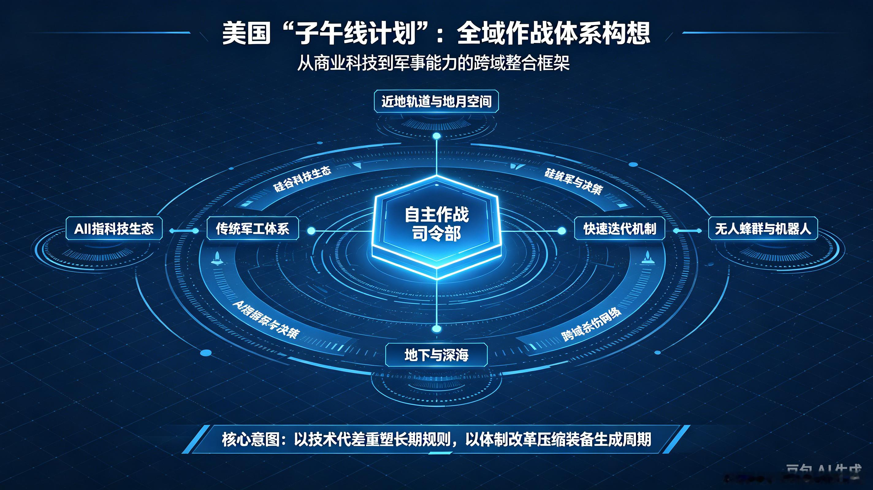 美国“子午线计划”意图分析
 方案A：战略竞争视角（偏博弈对抗）
 子午线计划是美国新版未来战争顶层设计，联合硅谷科技巨头，把战场拓展至地下、深海、近地轨道到地月空间，核心瞄准大国长期技术博弈。其直接意图是摆脱传统军工体系效率低下问题，引入商业AI、卫星、无人蜂群技术，重新定义20‑50年作战模式，