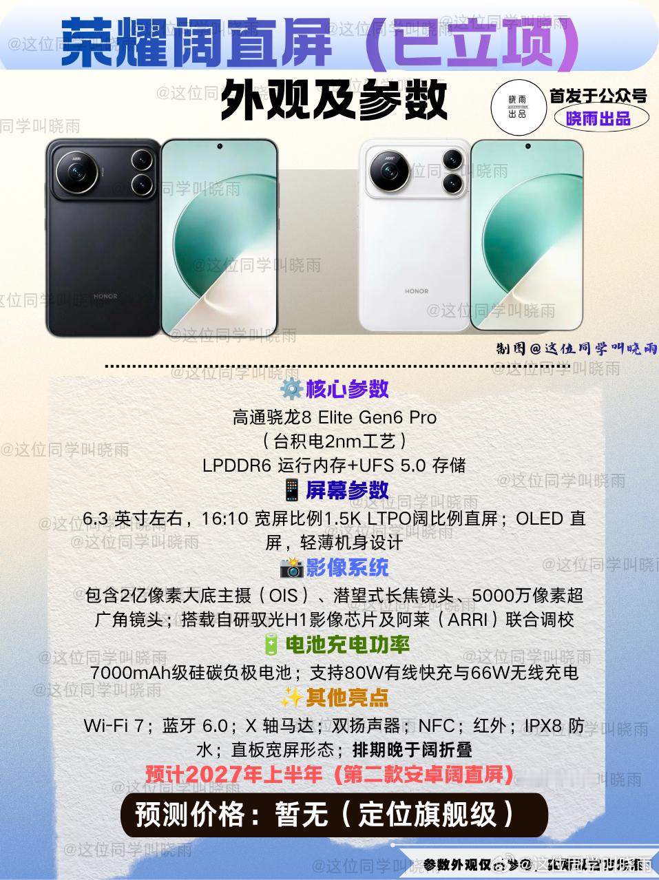 阔直屏已经发布的只有华为，华为卖爆了之后各家都开始评估阔直屏的可行性，目前OPPO和荣耀已经开始推进项目。

OPPO将会是明年第一家发布安卓阔直屏手机的品牌，而紧随其后的就是荣耀，将会是第二家发布阔直屏的品牌。

荣耀这款阔直屏的定位是轻薄旗舰，并且拍照将会继续由阿莱来调教，电池也将会是阔 ​