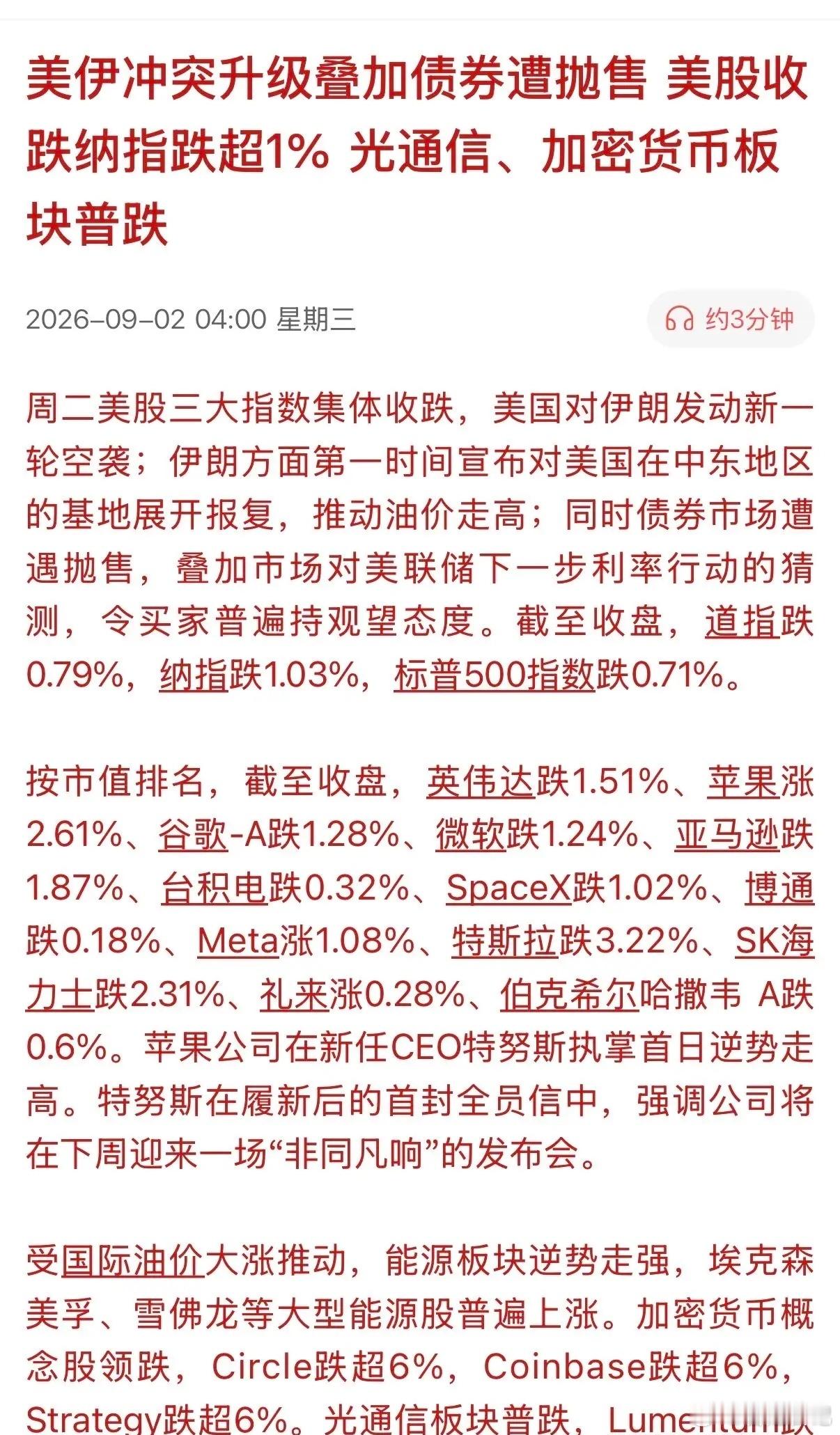 又是一个不眠之夜，美股受到美伊战事和美债持续被抛售的双重压力下，道、纳指数双双下跌，下跌主力依旧是AI科技股为首。SK海力士跌2.3%,英伟达跌1.51% ，特斯拉大跌3.22%，美光跌2.6%，闪迪跌1.9%。由此看来，AI科技股继续受到企业债务、美债、美伊战事、通胀、加息多重因素的影响，后市不容乐观。市场 ​