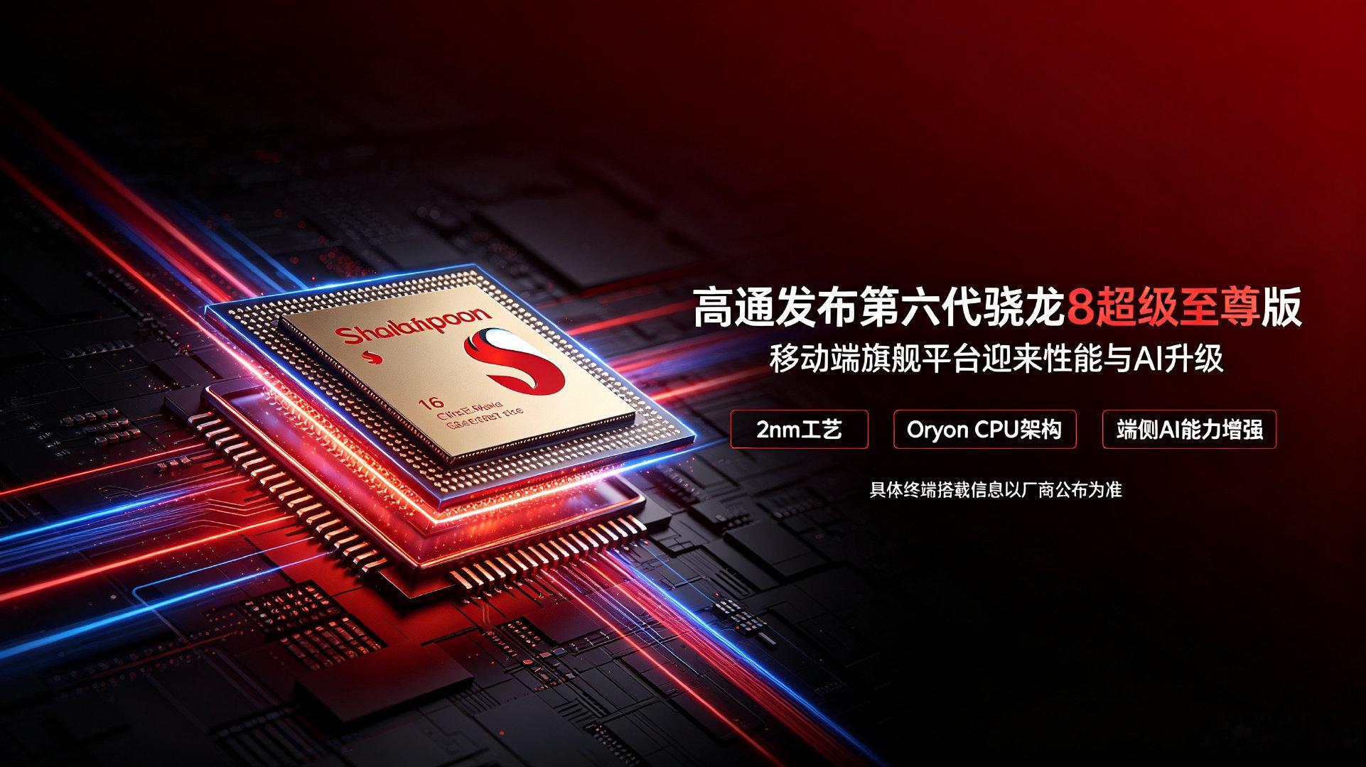 高通正式推出第六代骁龙8超级至尊版，采用2nm工艺，搭载Oryon自研CPU，主频突破5GHz。NPU大幅升级，可流畅运行端侧大模型，GPU性能提升明显，游戏与AI能力双飞跃。小米、vivo、荣耀等品牌将率先搭载，下一代安卓旗舰的性能上限，要靠这颗芯片重新定义。 ​