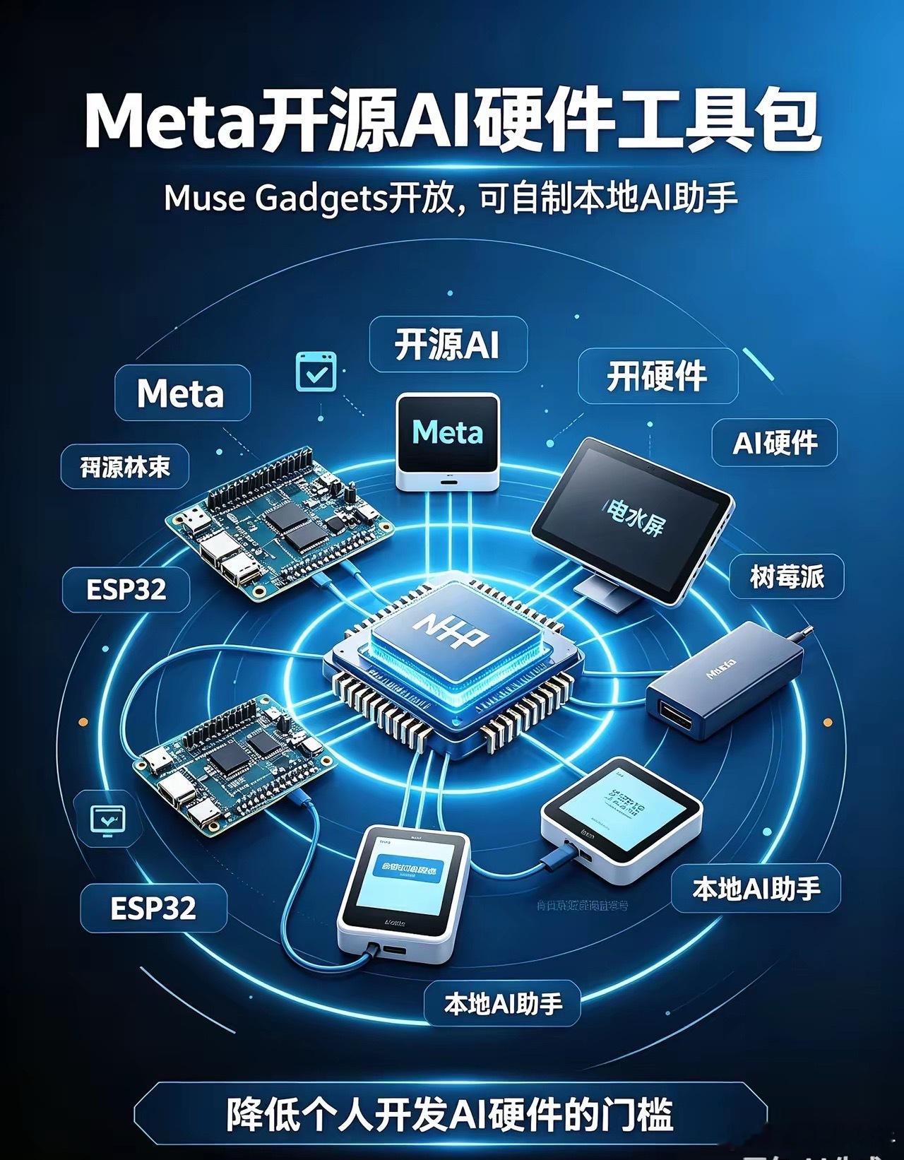 Meta发布Muse Gadgets开源项目，开放固件与Linux SDK，开发者可以把Muse个人AI助手部署到ESP32、树莓派等硬件设备上。来源：Techmeme。
这个开源方案降低了个人自制AI硬件的门槛，墨水屏、电视棒这类设备都可以接入AI助手。不过AI代理具备读取本地文件的能力后，设备权限安全问题随之显现，苹果近期也 ​