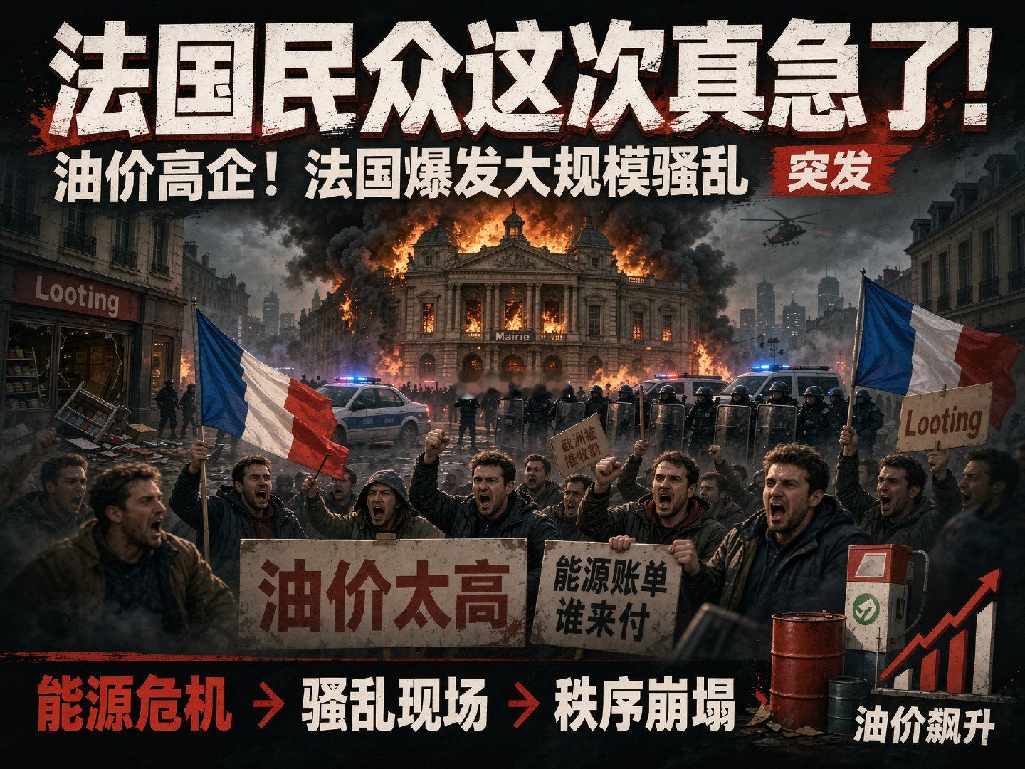 #法国民众这次真急了# 炸裂！没想到油价高企之下最先绷不住的是法国，法国爆发抗议活动，引起多地大规模骚乱，百年市政厅被烧毁，大量商店遭零元购！欧洲国家在这次美以伊冲突之下，无端端为能源支付额外费用，这妥妥的当一回是“冤大头”[doge][doge] ​