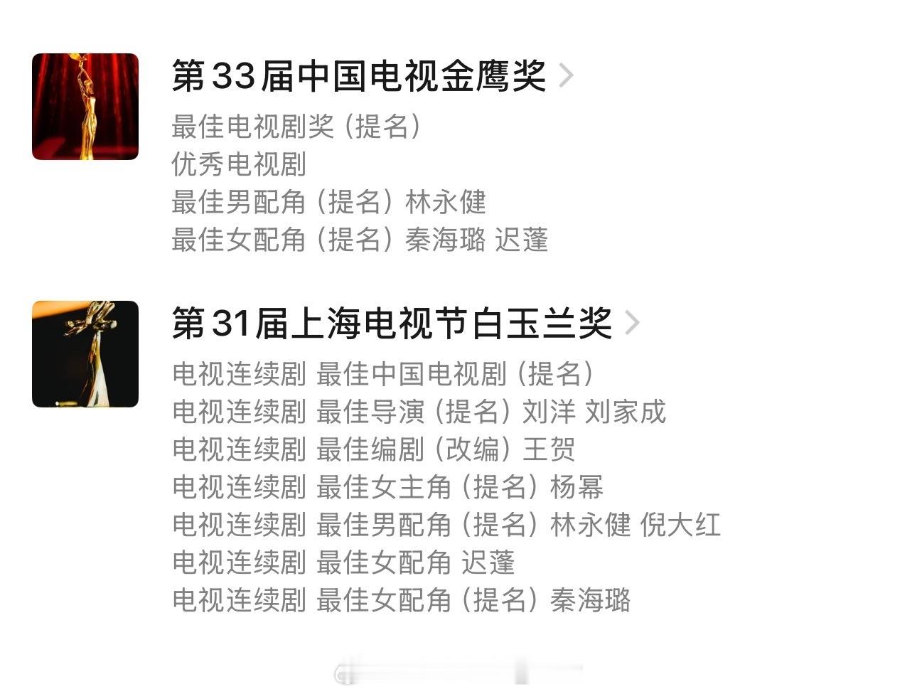 生万物主演三大奖个人履历（同台竞技……）
迟蓬：白玉兰最佳女配🏆、金鹰奖最佳女配提名、飞天奖优秀女演员提名，三大奖全提拿下白玉兰女配。
秦海璐：白玉兰最佳女配提名、金鹰奖最佳女配提名，三大奖二提。
林永健：白玉兰最佳男配提名、金鹰奖最佳男配提名，三大奖二提。
倪大红：白玉兰最佳男配 ​