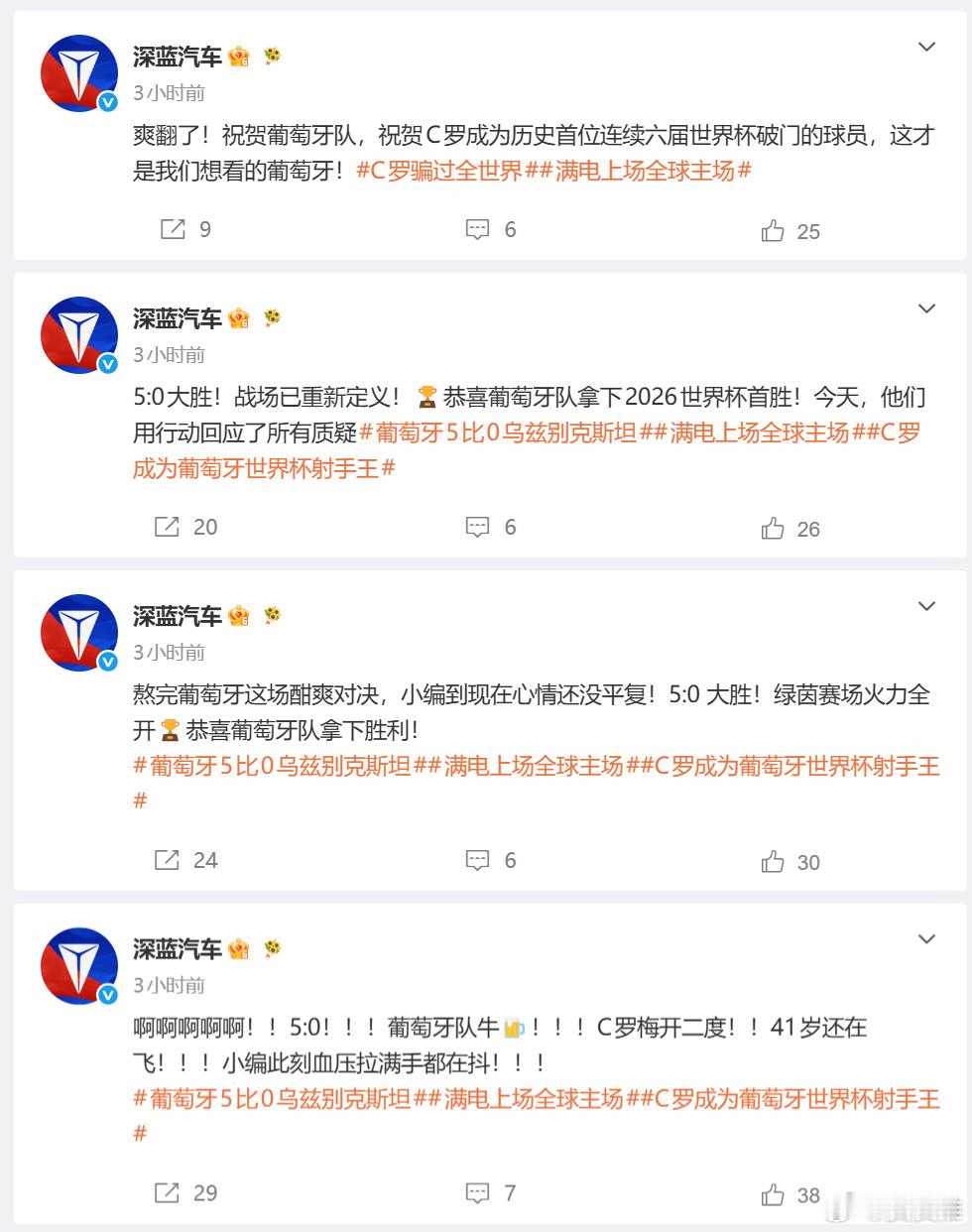 昨晚葡萄牙5：0大胜乌兹别克斯坦，深蓝汽车官微今天突然连发多条庆祝博文...