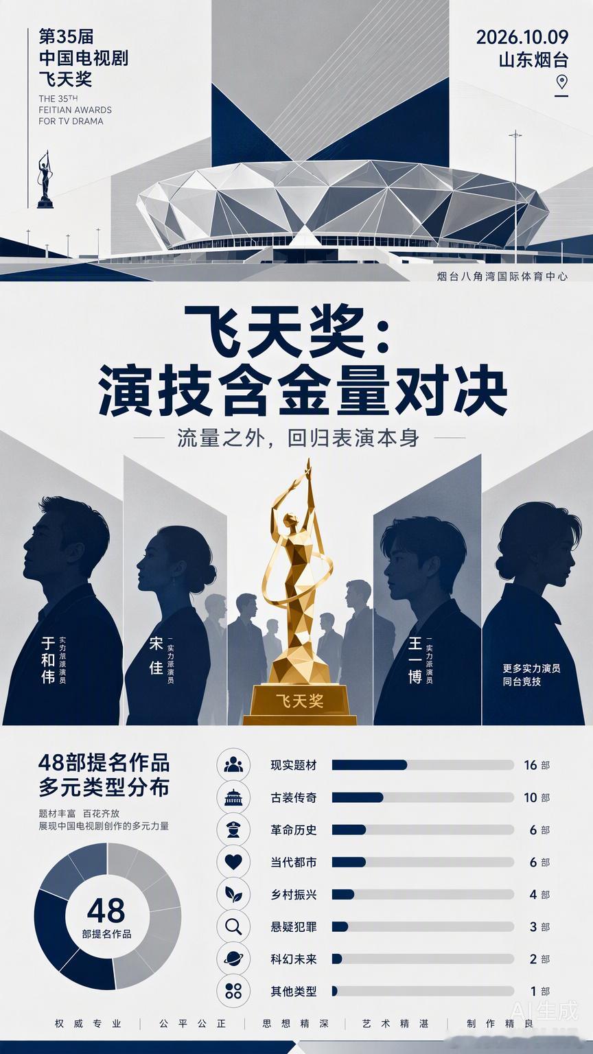 飞天奖这次把颁奖礼挪到了烟台，算是给这届“电视剧奥运会”换了个更有活力的赛场。

以前总觉得娱乐圈的奖项是番位和流量的游戏，但飞天奖作为政府奖，那股子“只看硬实力”的劲儿其实挺像竞技体育。48部提名作品里，既有《山花烂漫时》这种扎根现实的正剧，也有《藏海传》这类热度爆棚的古装，类型很 ​