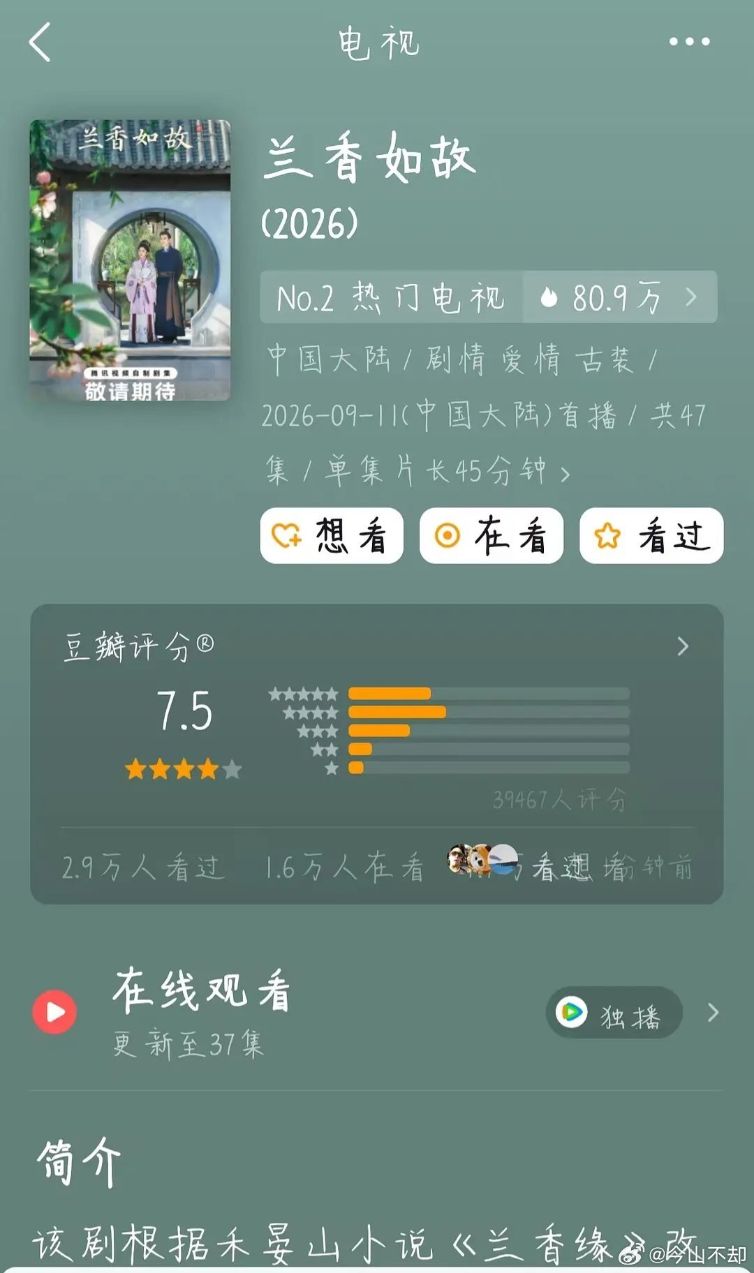 《兰香如故》豆瓣开分7.5，4.3万人打分。
不是说热度已经破3.3万了吗？怎么感觉打分人数对应不上？你觉得呢 ​