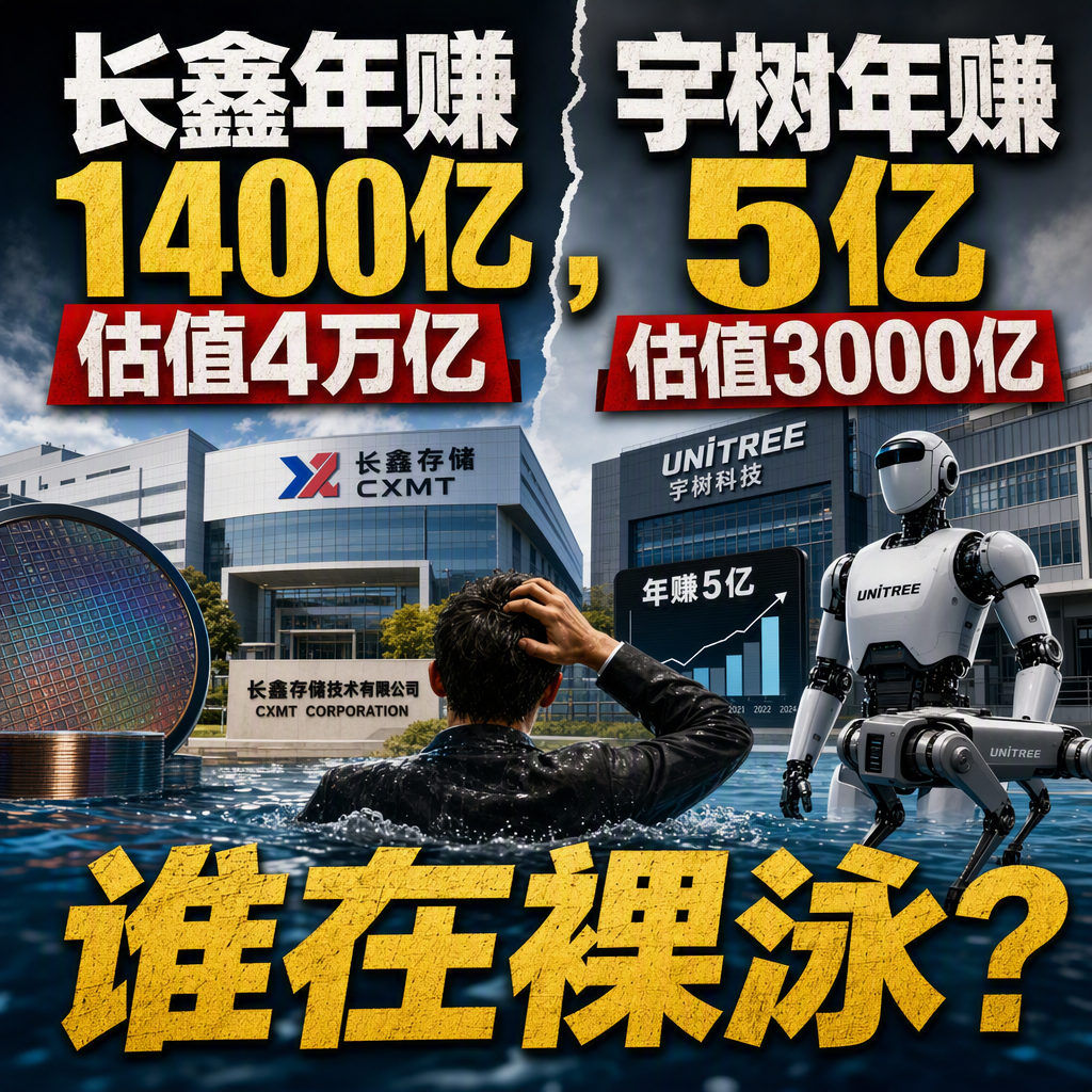 很多人以为市值越高的公司泡沫越大，可这次A股给出了相反的答案。
长鑫科技8月17日市值冲上4.13万亿，没几个人喊贵。
宇树科技8月19日上市，市值一度逼近4450亿，随后一路跌到3000亿以下，评论区全是骂声。
同一个市场，同一批投资者，待遇为什么差这么多？
先看第一笔账，业绩。
长鑫2026年一