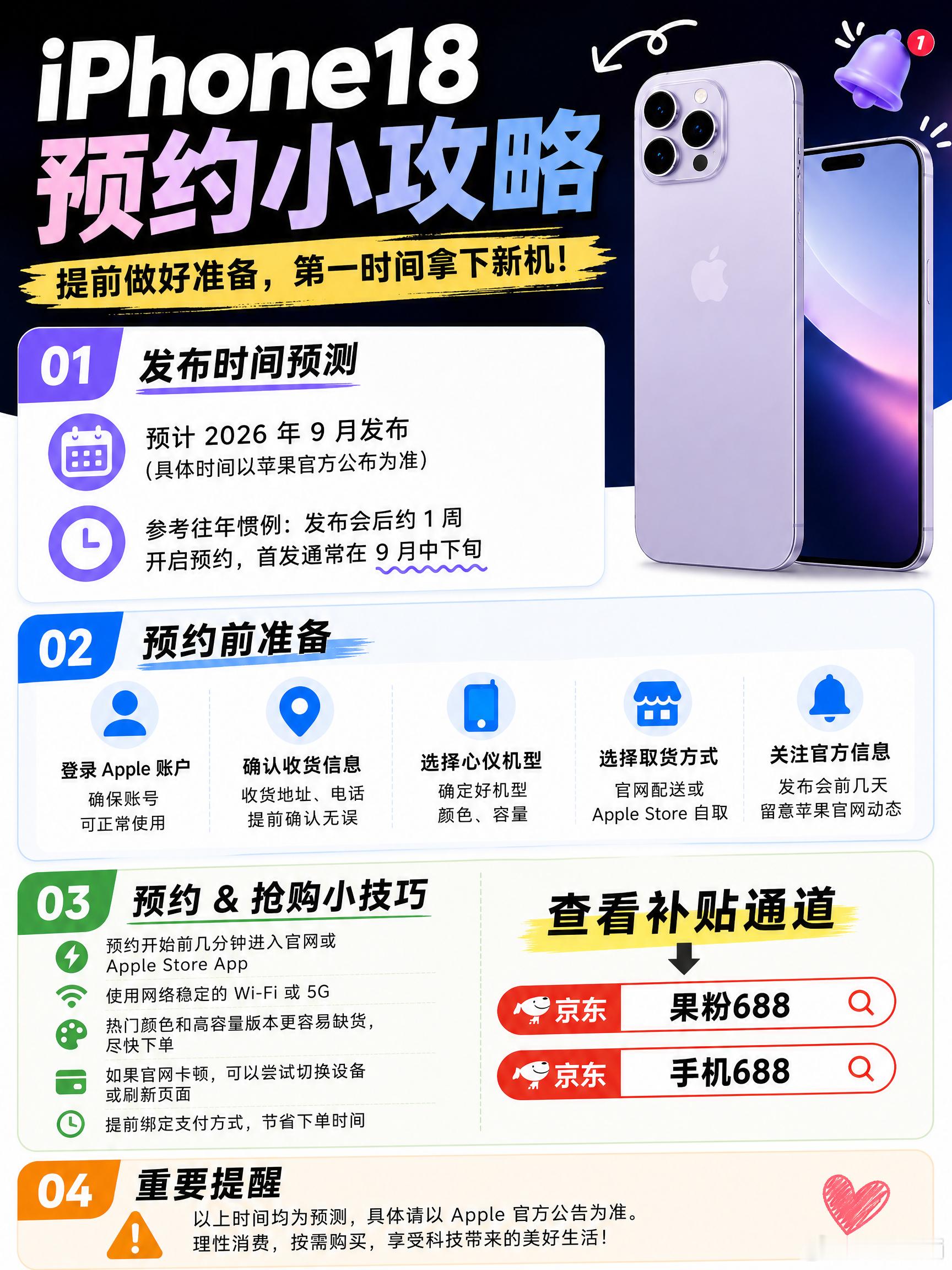 🔥iPhone18 来了，首发抢机干货收好！
iPhone18 首发抢购攻略，小白直接抄作业

⏰记好时间：
9.10 发布会｜9.12 晚 8 点预购｜9.18 开售

📋选购：
256G 优先，准备多套备选配置

📋预购前：
核对账号地址、支付额度，双渠道准备

📋抢购：
到点直接冲，付款成功才算抢到，没货立刻换备选

❌ ​