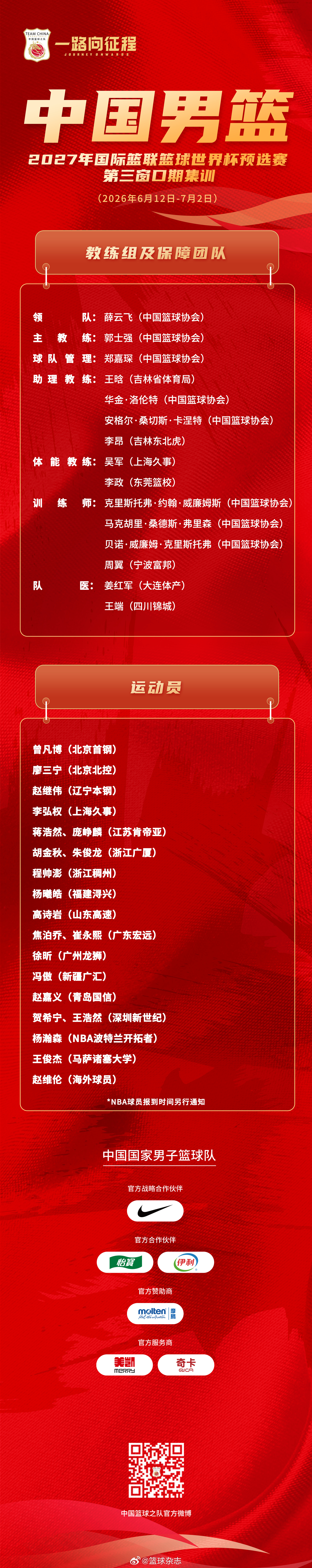 为备战国际篮联2027篮球世界杯预选赛第三窗口期比赛，中国篮球协会计划...