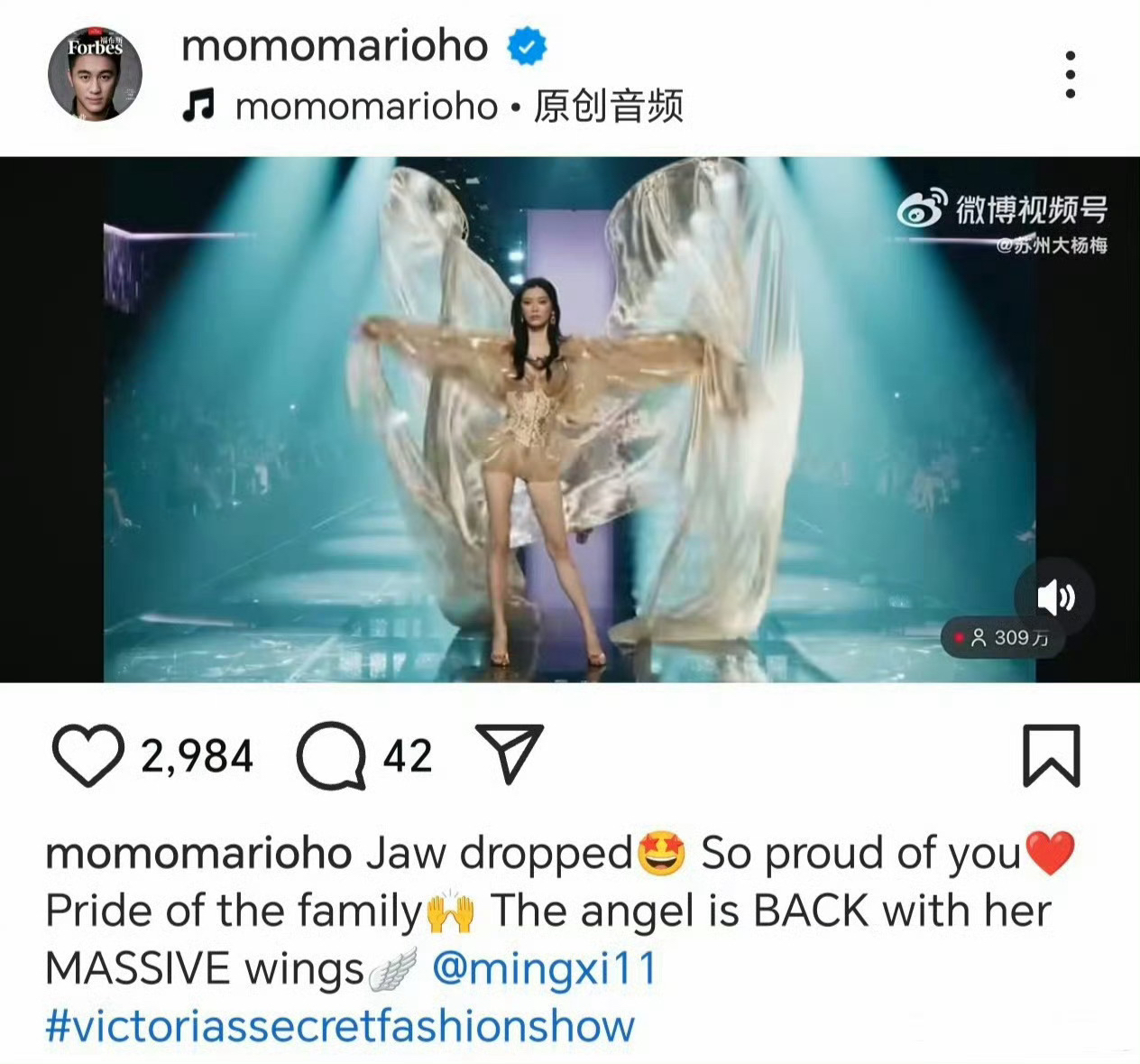 何猷君称奚梦瑶是家族骄傲！身披巨型金翼回归，这才是大女主！
 2026维密大秀，奚梦瑶身披全场最大的鎏金翅膀压轴登场，翼展惊人。这不仅是品牌的最高礼遇，更是她实力的铁证。

婚后生完一儿一女，很多人以为她会安心做“豪门阔太”，但她用这场秀狠狠打了偏见者的脸。为了这次回归，她高强度健身减重，只为重现超