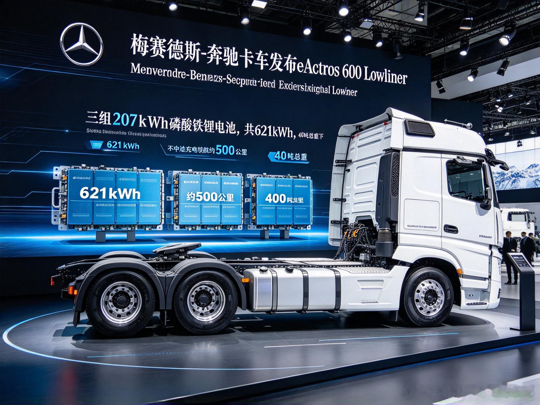 欧洲纯电重卡续航追上来了

9月14日，IAA Transportation 2026在德国汉诺威开幕，电动重卡成为全场主角，中国车企也密集参展同台竞逐。
当天，梅赛德斯-奔驰卡车发布eActros 600 Lowliner。据Power Progress报道，这款车搭载三组207kWh磷酸铁锂电池，共621kWh，40吨总重下不中途充电续航约500公里。

 ​