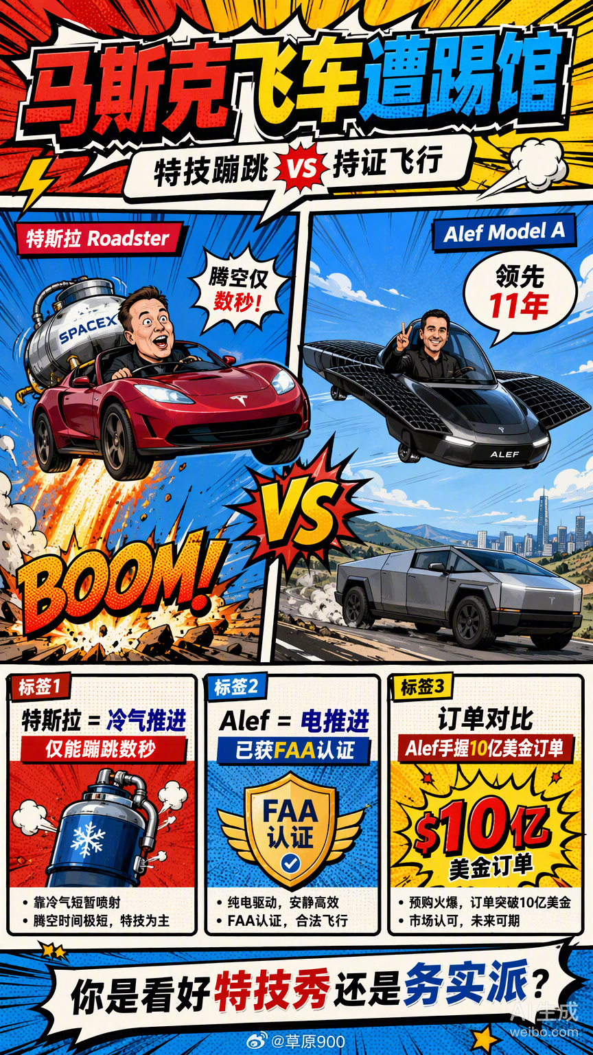 马斯克把Roadster开上天那天，硅谷初创公司Alef直接发了段飞越特斯拉的视频，CEO更是喊话“我们已独自领先11年”。
小鹏也有辆飞行汽车，在车展上看到，那是真能飞的[黄鸡大笑]
这出“踢馆”大戏，本质上是两条技术路线的正面硬刚。特斯拉靠的是SpaceX冷气推进器加底盘风扇，玩的是几秒内的特技蹦跳和 ​