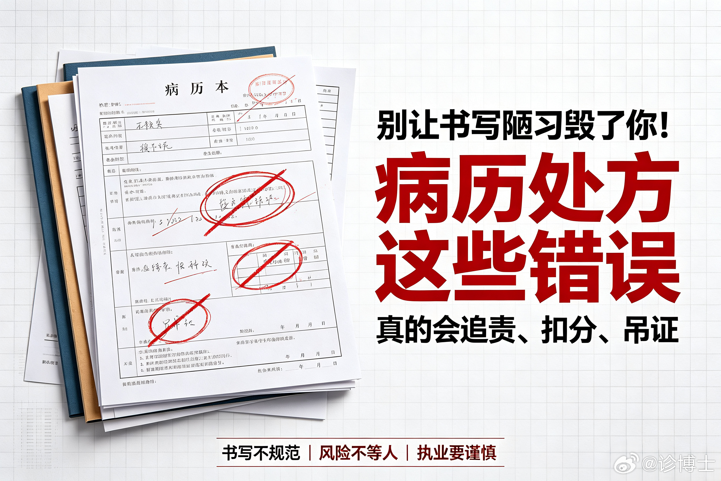 不少基层医生存在重诊疗、轻文书的误区，殊不知病历处方作为法定凭证，是医保稽查、医患纠纷判定的重要依据，很多诊所被罚、被扣款并非诊疗失误，而是文书书写不规范所致。

处方要避开字迹潦草、私自涂改、自创简写、信息缺项、超量开药无备注、代签补签六大雷区。病历切忌事后集中补录，需完善主诉查 ​
