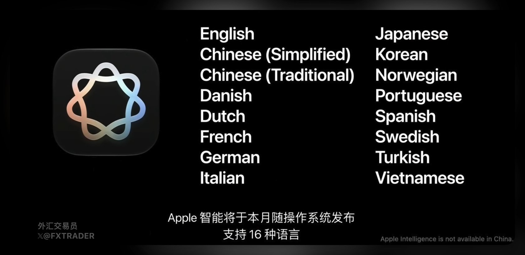 本次发布会苹果正式推出新一代Apple Intelligence（苹果AI），这套系统计划支持英语、简体中文、繁体中文等一共16种语言。
但发布会页面右下角备注小字说明：该AI功能首发阶段不在中国大陆地区提供服务。

#苹果发布会##AppleIntelligence# ​
