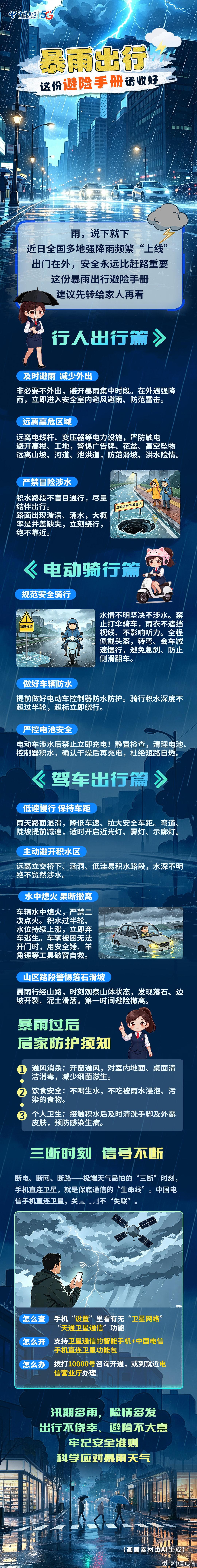 #天翼微百科# 暴雨出行，这份避险手册请收好！#抗灾害保通信# #天翼AI# ​