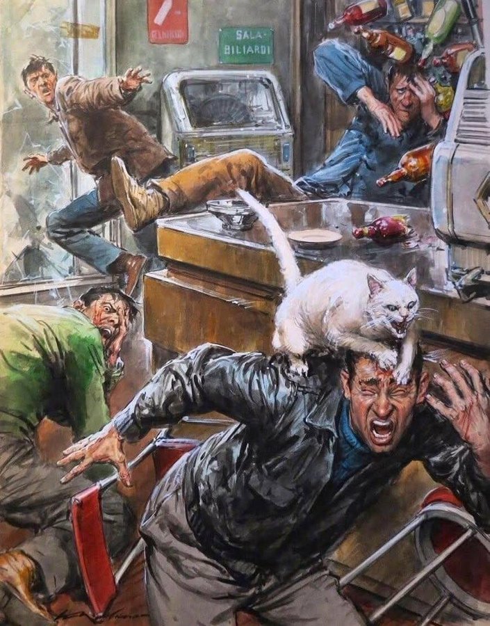 意大利插画师沃尔特·莫里诺（Walter Molino）的《怒猫》（1960）。虽然是近代画，但作者在画中描绘的是一个真实事件。在意大利某个酒吧兼台球厅里，一只猫误入场所。猫因为惊慌失措而陷入恐慌，开始疯狂抓挠。 ​​​