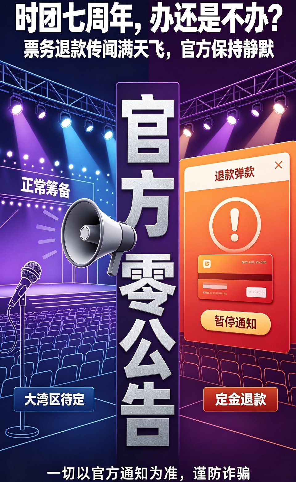 时代少年团七周年演唱会目前处于“正常筹备”与“票务退款”两路消息对撞的状态，时代峰峻官方至今零公告。 一、当前核心矛盾：筹备信号与取消传闻并存- 筹备方爆料：多位瓜主爆料“七周年正常筹备中”，选址处于