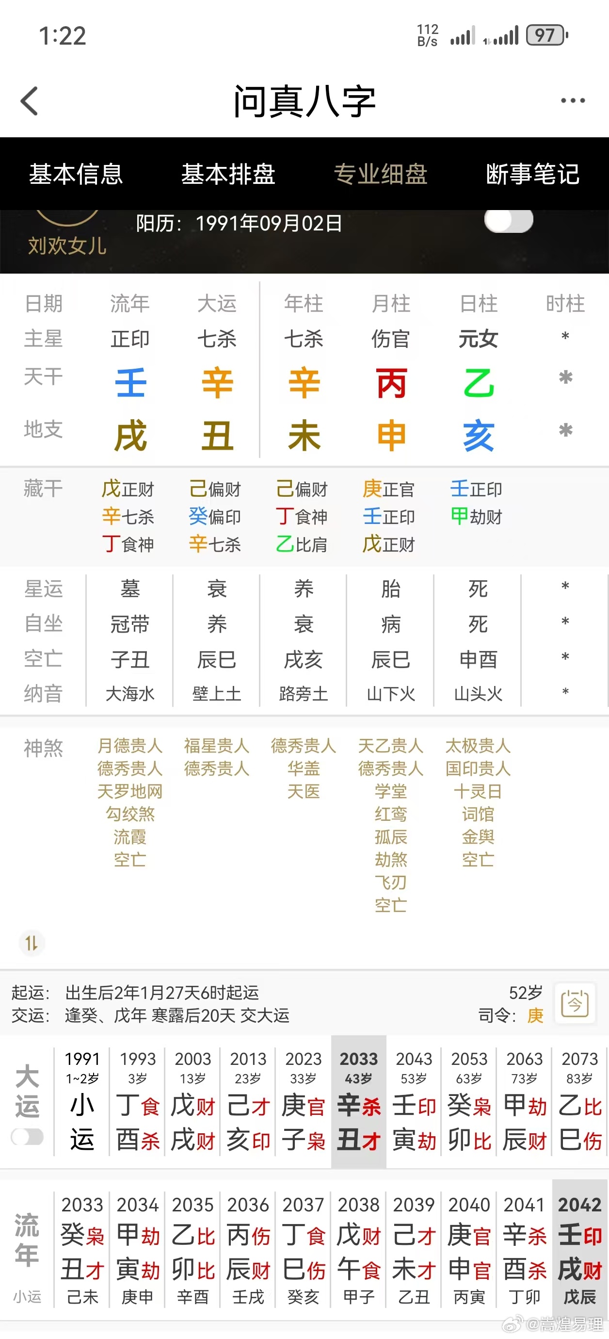 #刘欢# 刘一丝之造:

乙亥日生申月，乙木娇弱，正官透杀，喜水木帮身，喜丙火制官杀，丙火根未，合杀留官，财官化印，家境优渥。

唯秋木萧瑟，压力山大，恋爱脑，一路水木运，用印化不如木火制，低调郁闷，守成无功。

辛为父宫，申月金旺，丙火炼金，辛金主肺，擅音艺，父声名显赫。

庚子运，丙午年 ​