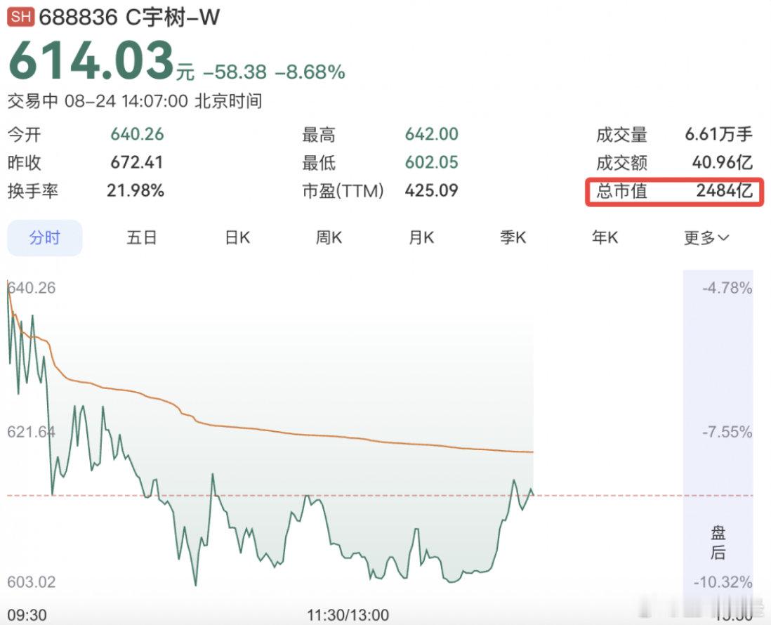 【#宇树科技盘中跌超10%#】 #宇树市值跌破2500亿元# 8月24日消息，今日开盘，宇树科技下跌近5%，报640.26元，盘中震荡下跌，一度跌逾10%，触及上市以来最低点位。截至发稿，宇树科技总市值已经跌破2500亿元。

8月19日，宇树科技正式登陆科创板，开盘上涨629.44%，每股报1100元，总市值达4449亿元。（T ​