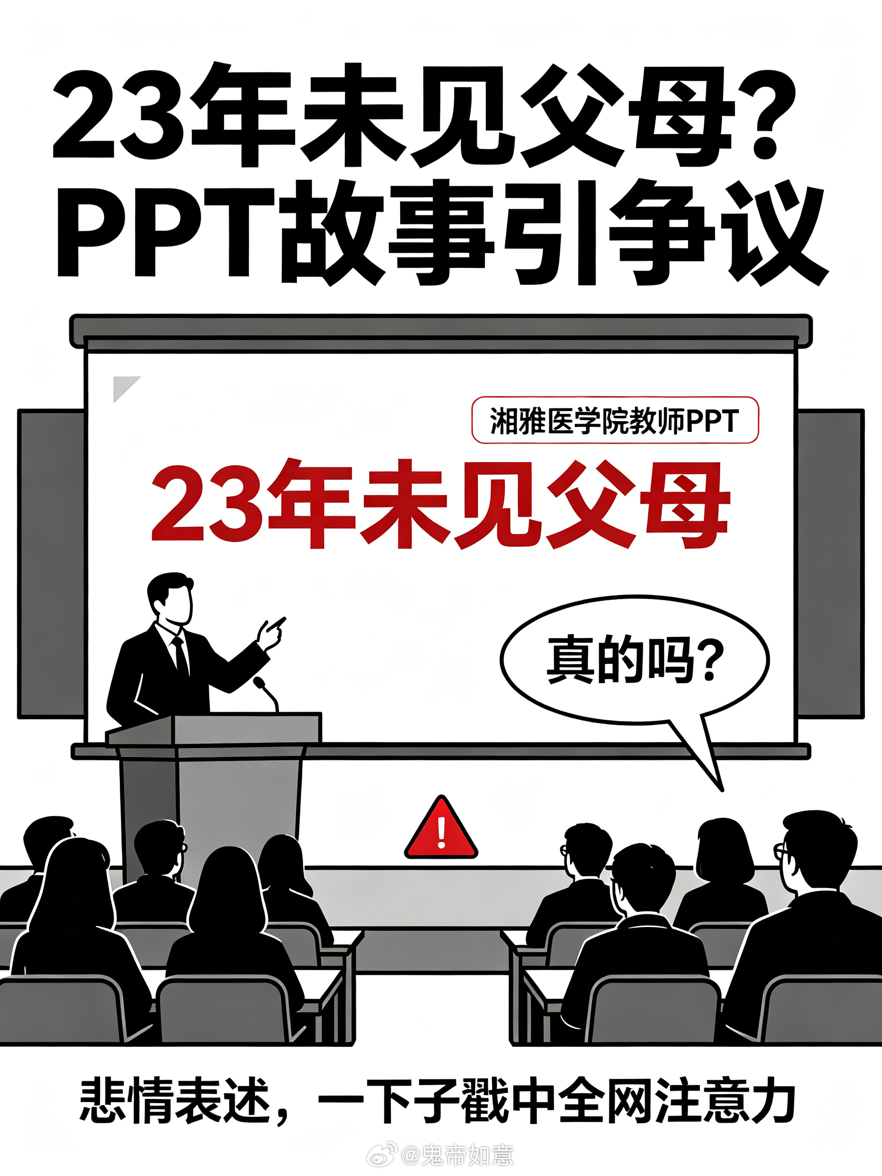 #湘雅医学院教师PPT称23年未见父母#【嘴上说二十三年没见过父母，结果被网友扒出破绽，妥妥的为了博眼球讲故事，吹牛皮吹过头，当场翻车】
 
拿23年不见父母这种极端悲情故事放PPT，本意是塑造人设、煽动情绪，可故事经不起细扒。大家一眼看穿，这根本不是什么感人经历，是为了讲课效果编出来的桥段。
 ​