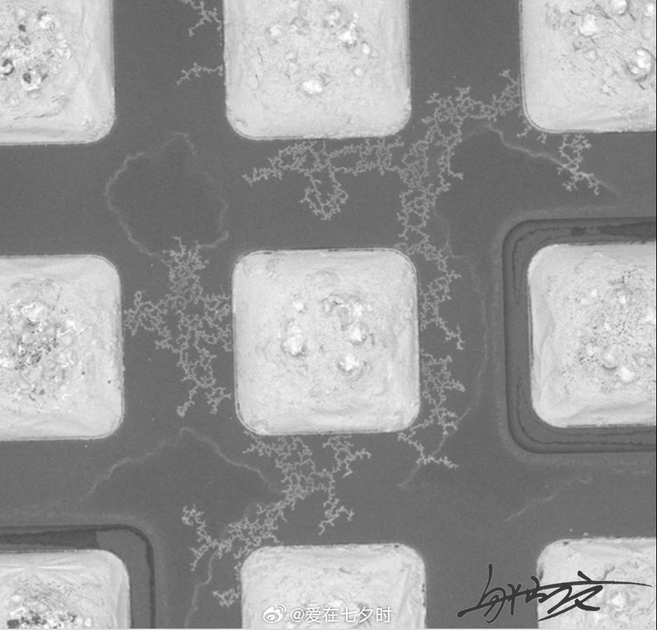 半导体领域提到的枝晶（Dendrite），绝大多数不是金属凝固枝晶（Dendrite），而是电化学迁移（Electrochemical Migration, ECM）生成的金属树枝状结晶，属于可靠性失效缺陷之一，常见于芯片钝化层、引线框架、BGA 焊球、键合 pad、封装塑封料界面、功率器件终端区的高湿环境、离子污染和偏压同时存在的 ​