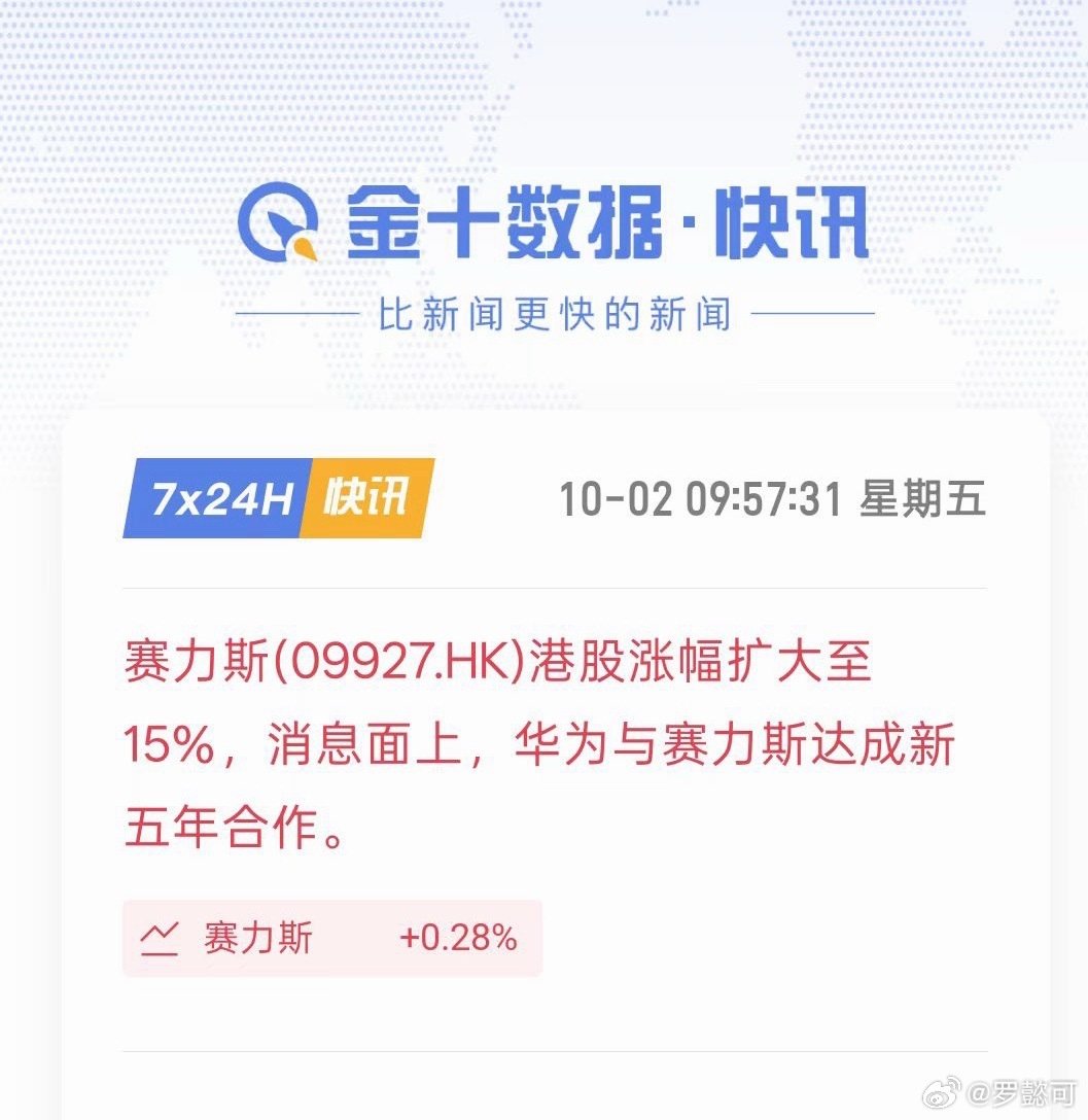 早上好[哆啦A梦吃惊]
因华为与赛力斯达成 5 年合约
貌似市场回暖了一些#华为 赛力斯# ​
