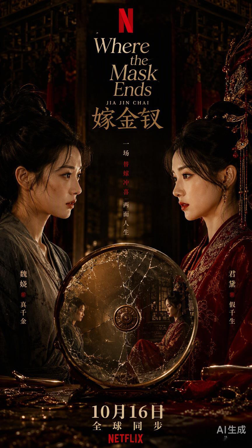 田曦薇主演的《嫁金钗》还没开播，Netflix 的全球开屏广告就已经铺开了。

这种操作在国产剧里不算多见。英文名《Where the Mask Ends》听着挺有质感，平台愿意在启动页投这么大资源，说明对内容的传播潜力确实有预判。

10月16日国内央视八套和优酷同步上线，海外观众也能跟着一起看。从流落市井的真 ​