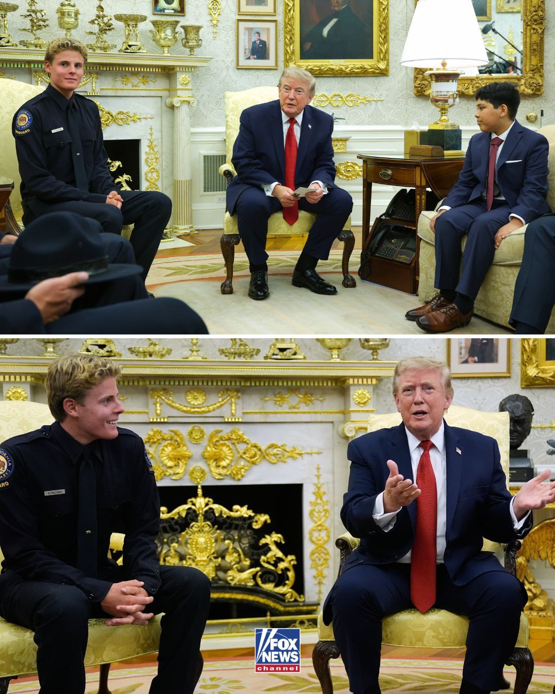 “你所做的一切令人难以置信，每个人都看到了。” 🇺🇸

特朗普总统在椭圆形办公室接见了16岁的英雄救生员赖德·威廉姆斯（Ryder Williams）和10岁的纳撒尼尔·雷（Nathaniel Ray）。

此前，纳撒尼尔被巨浪卷入海中，赖德毫不犹豫冲进加州汹涌的海浪，一次次被巨浪拖入水下，却始终紧紧抓住孩子。最 ​