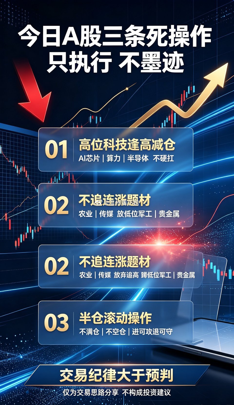 家人们注意！今日A股，只执行三个死操作！
 
做交易最没用的，就是模棱两可的废话。很多股评天天念叨“震荡上行、结构性机会”，说了等于白说，听完依旧不知道买什么、卖什么。
 
今天不讲虚话、不画大饼，直接给到大家三条硬性交易规则，简单、粗暴、可落地。对了无需感谢，错了我来担责，字字干货， ​