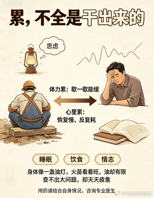 累，不全是干出来的#中医式生活##国医的精诚力量# 

如今喊累的人，多半不是扛包搬砖累的，而是心里、脑子里一点点耗出来的。身体像一盏油灯，火苗看着旺，油却有限。中医看劳累，不只看肌肉，更看五脏的底子。脾胃像灶膛，喜欢温软易化的饮食，最怕生冷黏腻；心像一汪水，宜静养，不宜日夜翻腾；肝像 ​
