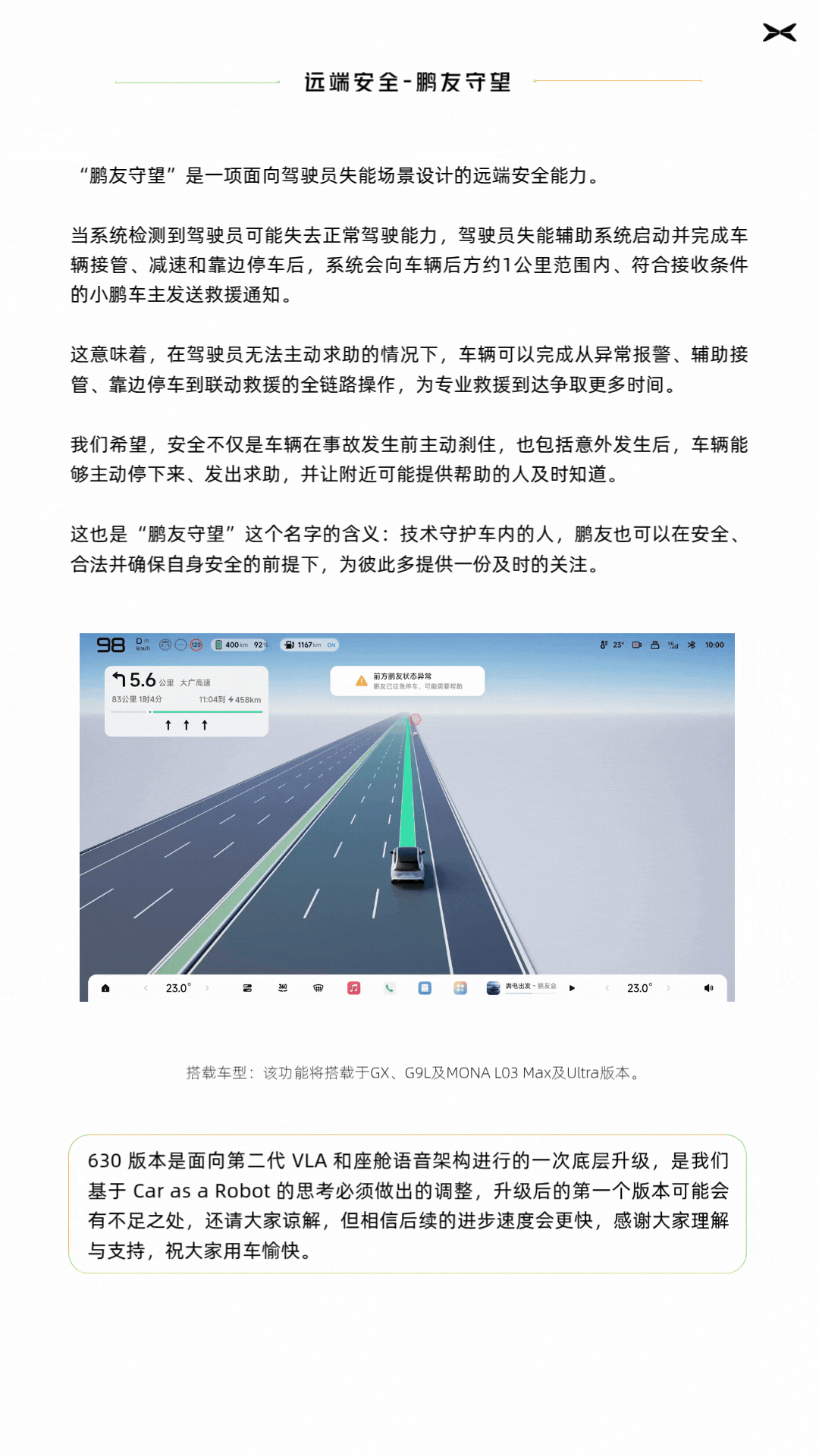 #小鹏第二代vla蒸馏版远超预期# 【鹏友守望】这个技术非常棒[赞][赞][赞]
技术守护车内的人，鹏友也可以在安全、合法、并确保自身安全的前提下，为彼此多提供一份及时的关注。[赞]
因为小鹏希望，安全不仅是事故发生前主动刹住，也包括意外发生后车辆能主动停下来，发出求助，并让附近可能提供帮助下人 ​