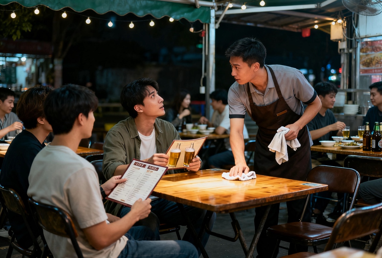 生活趣事：一男子跟几个朋友去大排档宵夜，他拿起酒水单看了看，转头问服务...