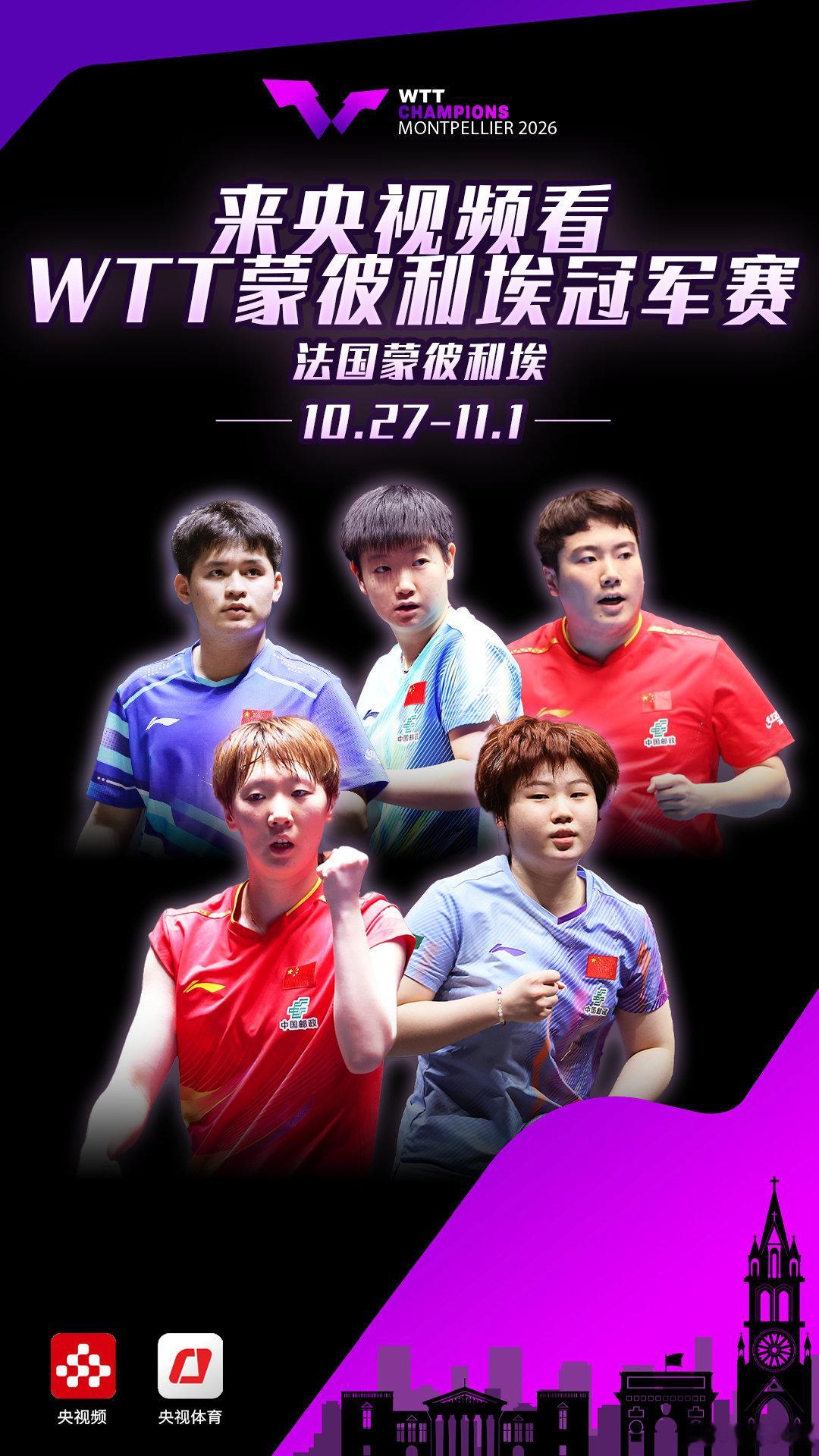 【#中国队出征WTT蒙彼利埃冠军赛#】10月27日，WTT蒙彼利埃冠军赛开打！、、领衔国乒出战，焦点大战一触即发。#来央视频看精彩赛事#→ ，为国乒加油助威！ ​