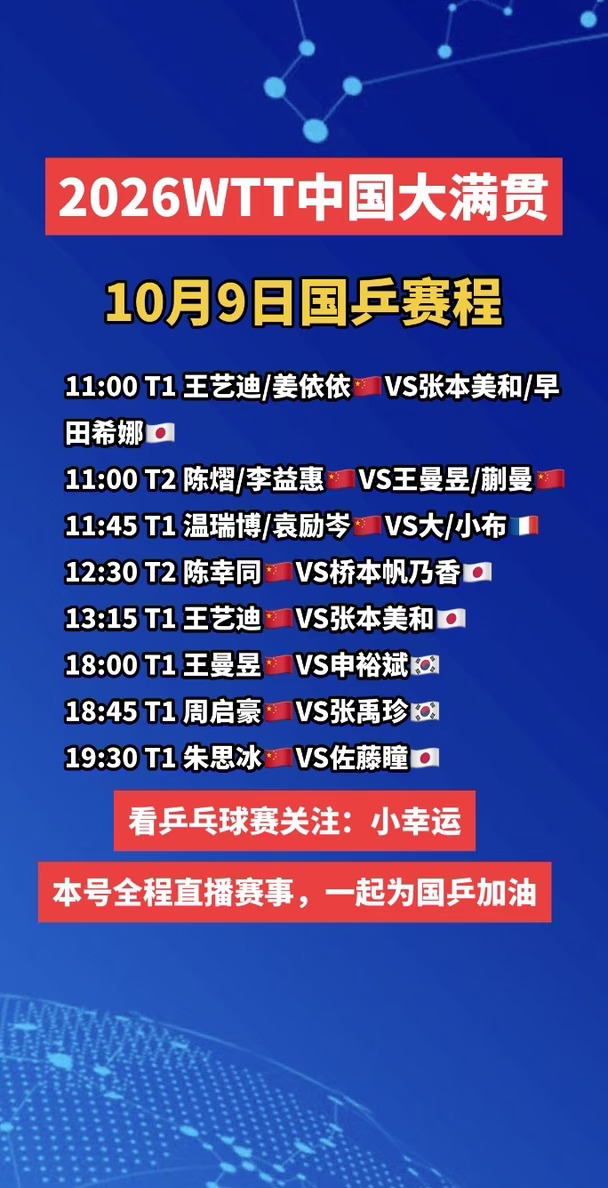 WTT中国大满贯丨10月9日国乒赛程，抗日加油，中国队加油#wtt中国大满贯  #乒乓球 #国乒 #中国队加油 #乒乓球赛程