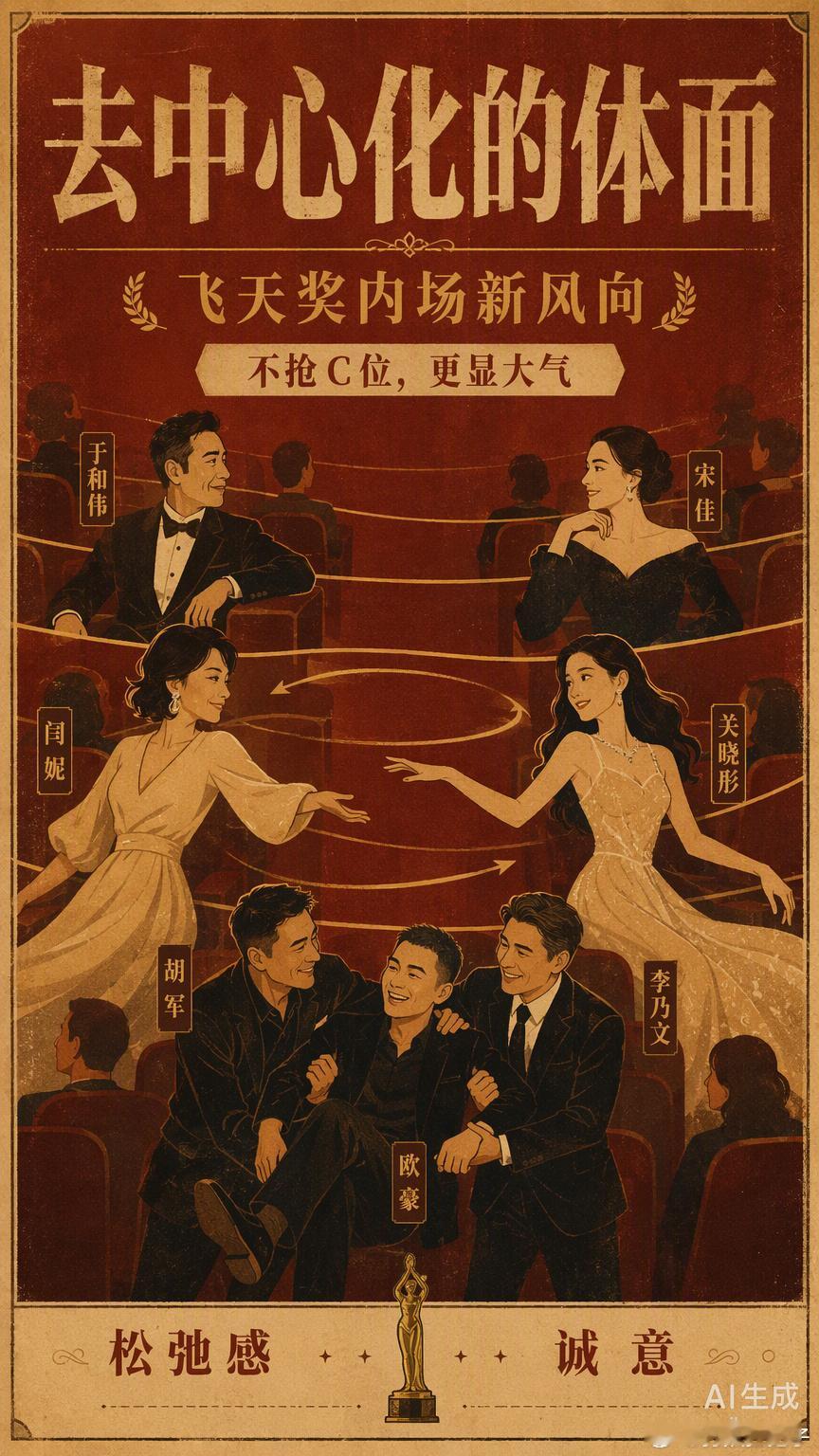 飞天奖内场这次取消主桌C位，看着真挺解气。

以前那种众星捧月、非要争个高低先后的排场，看多了总觉得累心。现在第一排坐的是于和伟、宋佳这些凭作品说话的老戏骨，旁边挨着的是于适这种新生代，大家平起平坐，反而透出股子松弛感。

最打动我的是闫妮和关晓彤合影时互相转圈谦让C位的画面，还有胡军 ​