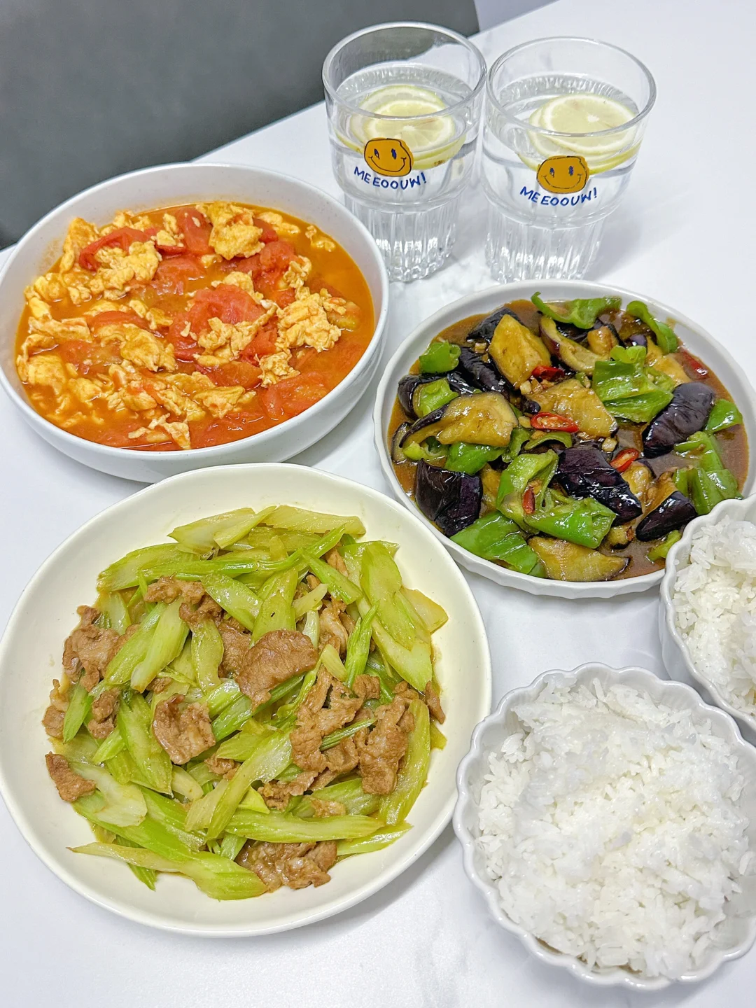 ✅晚餐分享｜西芹肉片➕番茄鸡蛋➕鱼香茄子