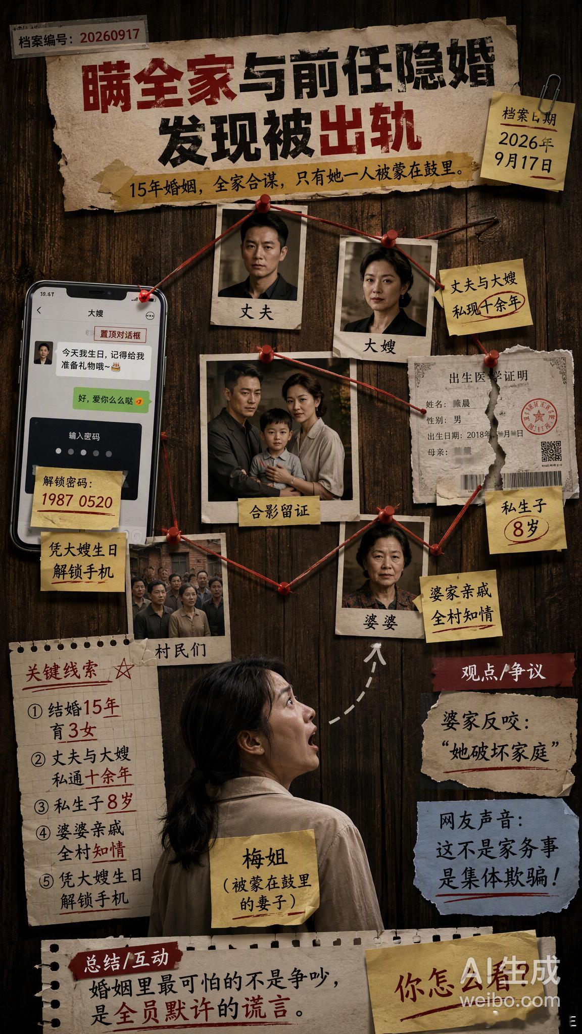 瞒全家与前任隐婚发现被出轨 这个话题背后，是山东曹县一位叫“梅姐”的女性的真实遭遇。结婚15年，她生下三个女儿，起早贪黑操持家务，以为日子虽平淡但也安稳。直到去年夏天，她偶然撞破了一个让她崩溃的真相。丈夫和大嫂在一起十几年，还偷偷生了一个8岁的儿子。更让她心寒的是，婆婆、亲戚、甚至村里街坊全都知情，唯独她一个人被蒙在鼓里。用丈夫手机时，她凭直觉输入大嫂生日解锁成功。置顶对话框里全是暧昧情话，还有两人抱着男孩的合影。最早的聊天记录，居然能追溯到她刚结婚的时候。15年的付出，换来的是一场全家合谋的骗局。事情曝光后，婆家非但没有歉意，反而统一战线维护大嫂，还反咬她“破坏家庭”。她选择离婚、开直播讲述经历，却被告上法庭要求赔偿精神损失。这不是八卦，是一个女性在被集体欺骗后的艰难自救。婚姻里最可怕的，不是争吵，而是全员默许的谎言。情感热点创作激励计划情感态度表达