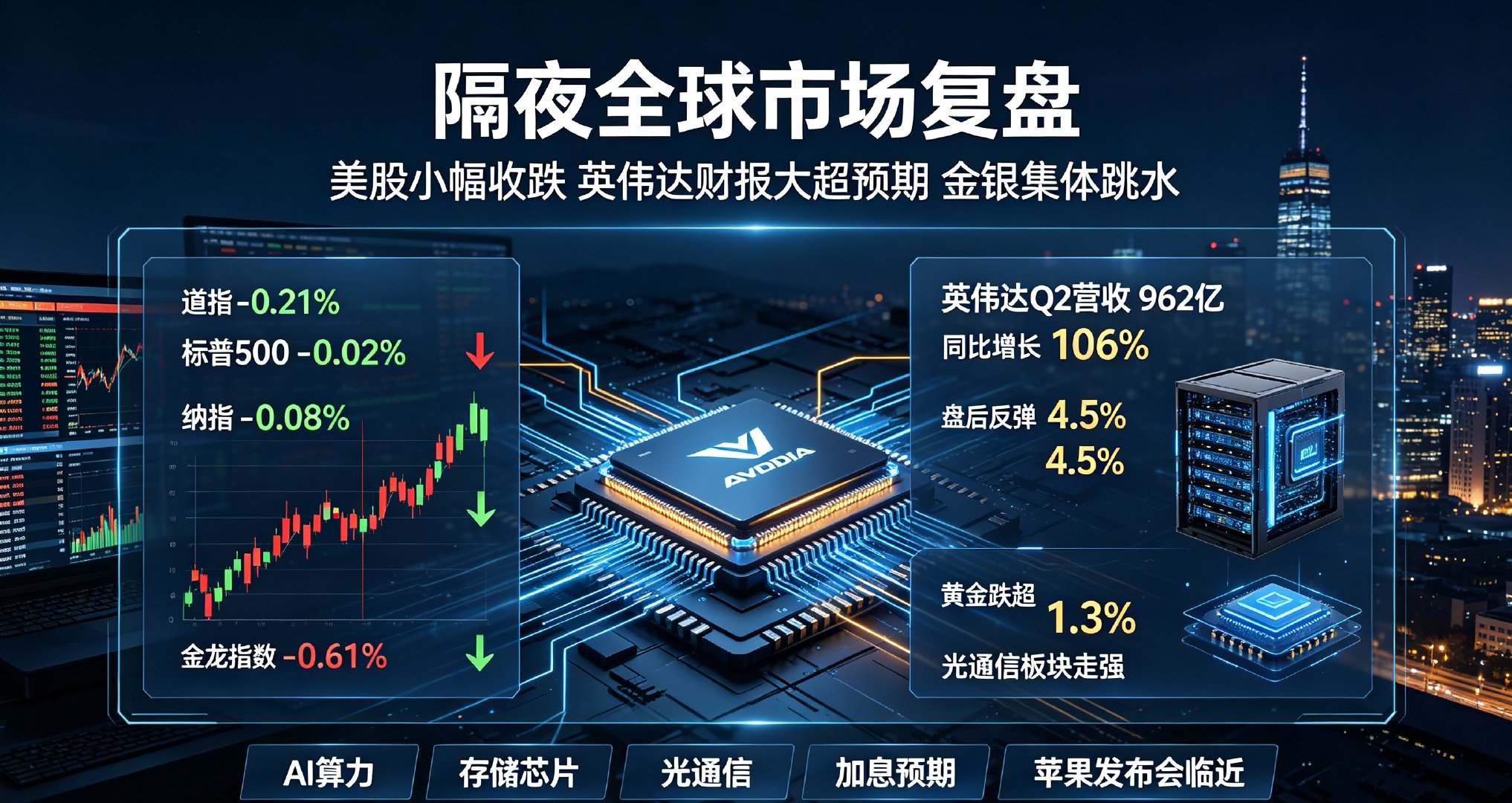 隔夜全球市场：美股小幅收跌！英伟达财报大超预期，金银集体跳水

8月26日隔夜外盘整体偏弱震荡，美股三大指数小幅收跌，市场受美国通胀数据扰动，叠加资金观望情绪浓厚，全天没有强势主线。

指数方面，道指跌0.21%、标普500微跌0.02%、纳指跌0.08%，走势整体偏弱。科技七巨头分化严重，苹果、Meta、 ​