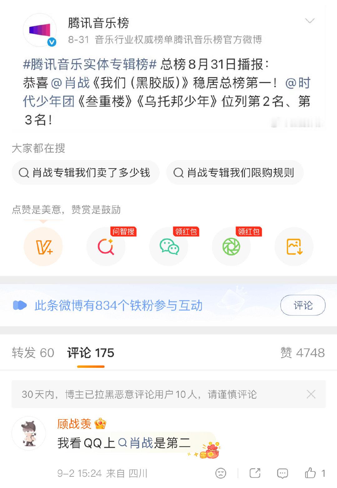 就算腾讯音乐榜发了无数次肖战第一，这种粉丝也要到处否认，就不能去求证一下吗？不懂为什么总有那么多像别的艺人粉的发言，承认他优秀歌迷多很难吗？ ​
