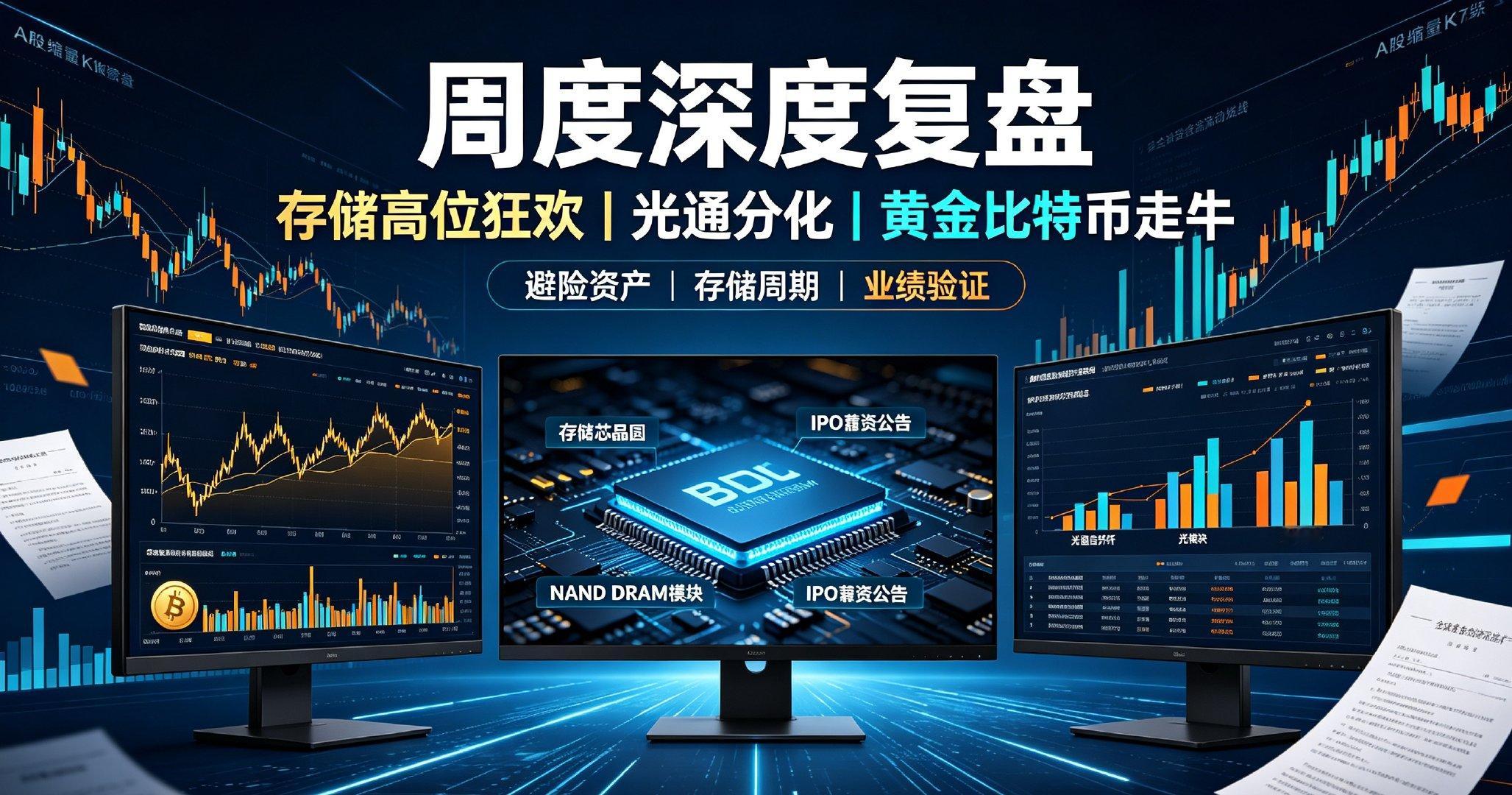 周度深度复盘：存储高位狂欢、光通业绩分化、黄金比特币持续走牛

本周A股整体缩量震荡，市场情绪偏谨慎，科技反弹逐步乏力，内需数据持续走弱。反观全球避险资产走出独立牛市，黄金、比特币持续大涨，市场结构性分化极致。

避险行情持续发酵，金价8月涨幅超13%、比特币逼近8万美元。核心逻辑在于美元 ​