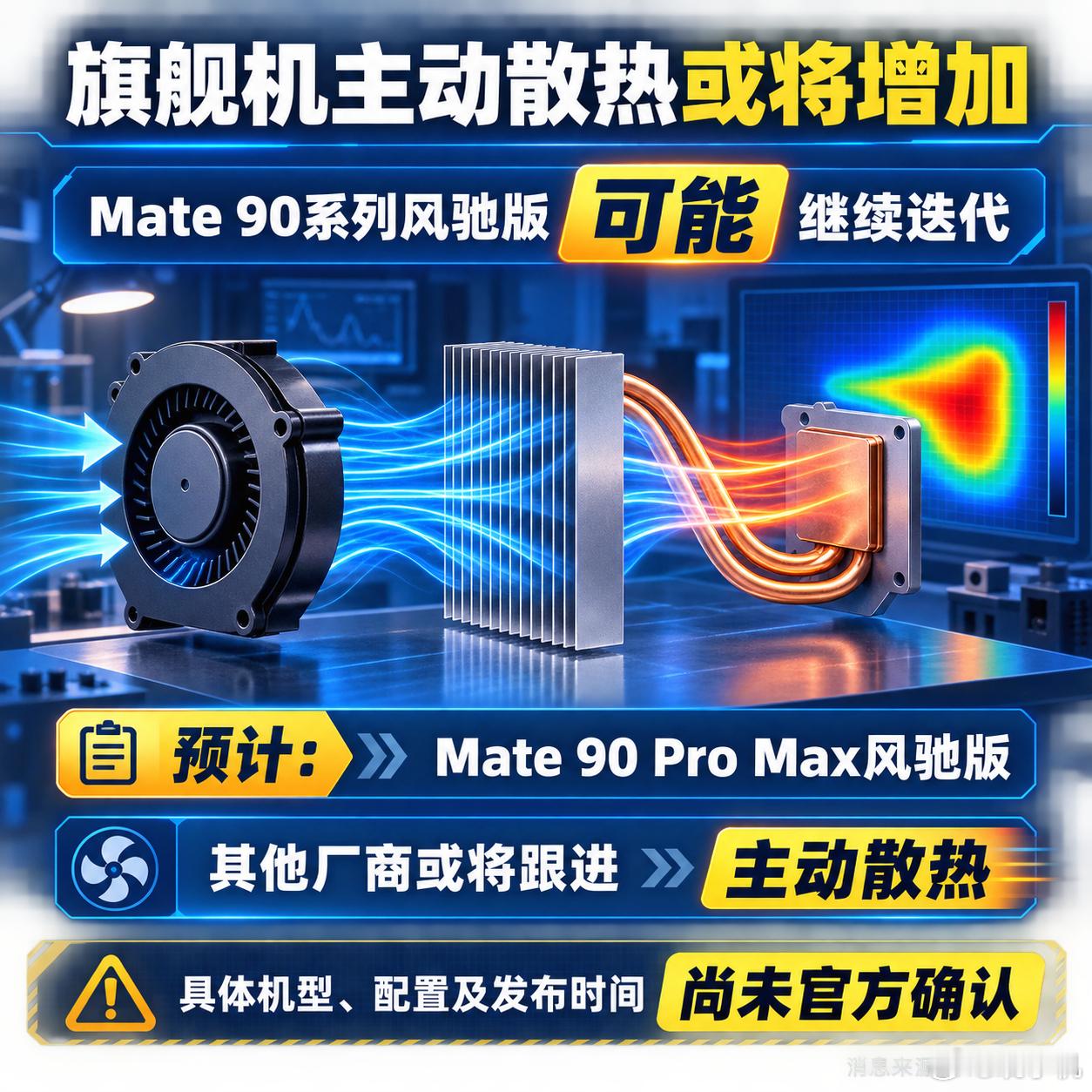 【数码快讯】消息称，华为Mate 90系列可能继续推出风驰版，预计对应Mate 90 Pro Max风驰版。

爆料还提到，其他厂商可能在部分旗舰机型上采用主动散热设计。相关机型、配置及发布时间尚未获得官方确认。#主动散热##手机散热技术##风驰版##Mate90系列##旗舰机型##散热设计##新机爆料##手机行业动态# ​