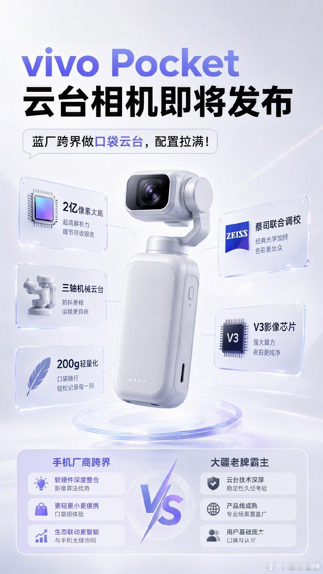 还有个重要信息，vivo要出云台相机了！估计以蓝厂的研发实力，配置、体验都会不输大疆，价格估计更低一些。#vivo云台相机# ​