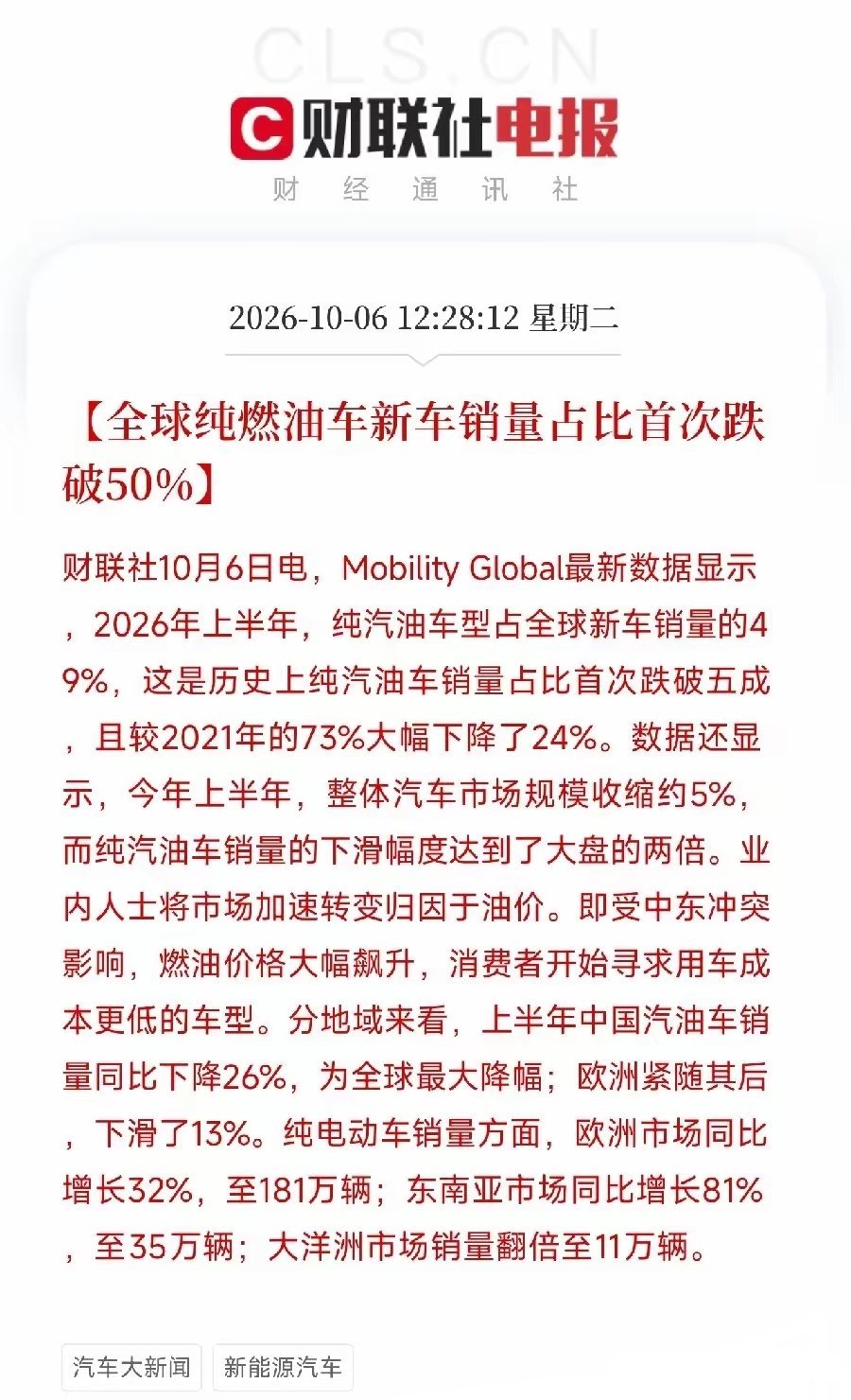 跟大家说一个划时代的数据。
全球纯燃油车销量占比，历史上第一次跌破百分之五十。二零二一年这个数字还是百分之七十三，短短五年直接降了二十四个点。

不是买车的人变少了，整个汽车大盘只收缩百分之五，但是油车下滑幅度是大盘两倍。
说白了，不是不买车，是大家不愿意再买油车。

背后最重要推手就 ​